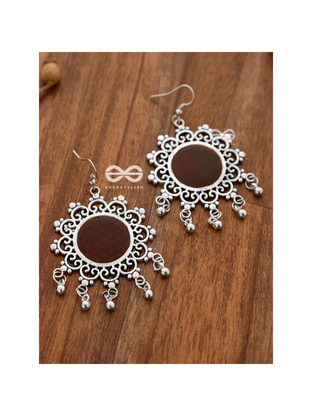 The Meshed Meenakari Sun (Burgundy) - Oxidised Boho Earrings