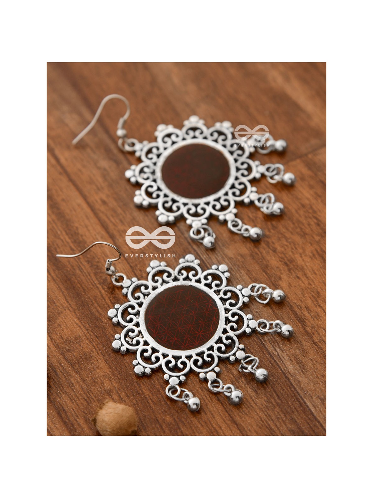 The Meshed Meenakari Sun (Burgundy) - Oxidised Boho Earrings