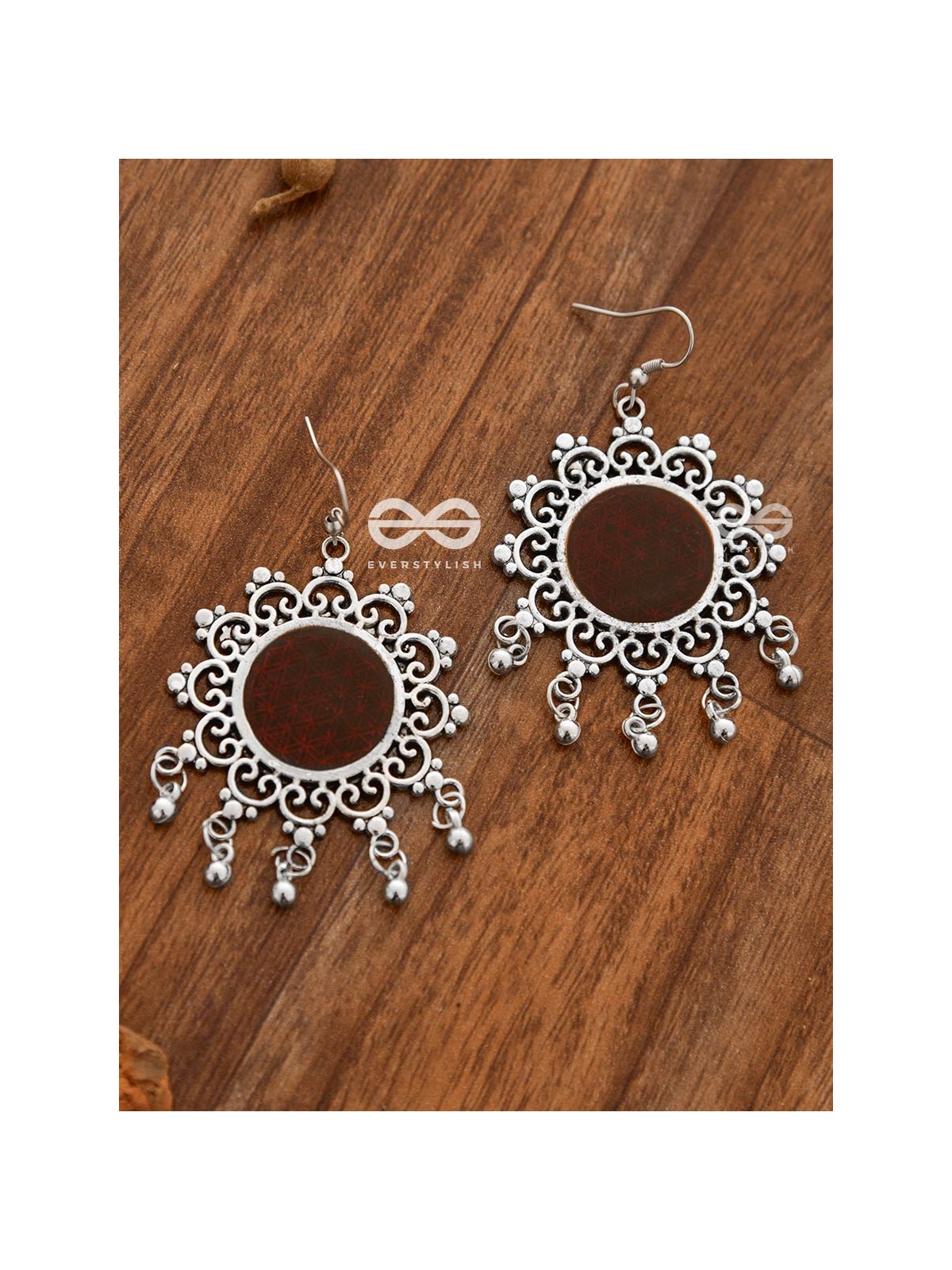 The Meshed Meenakari Sun (Burgundy) - Oxidised Boho Earrings