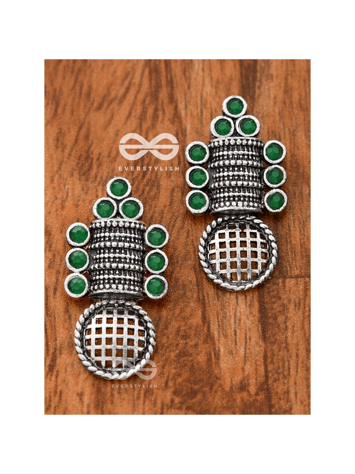 God in the Details (Emerald Green) - Embellished Oxidised Studs