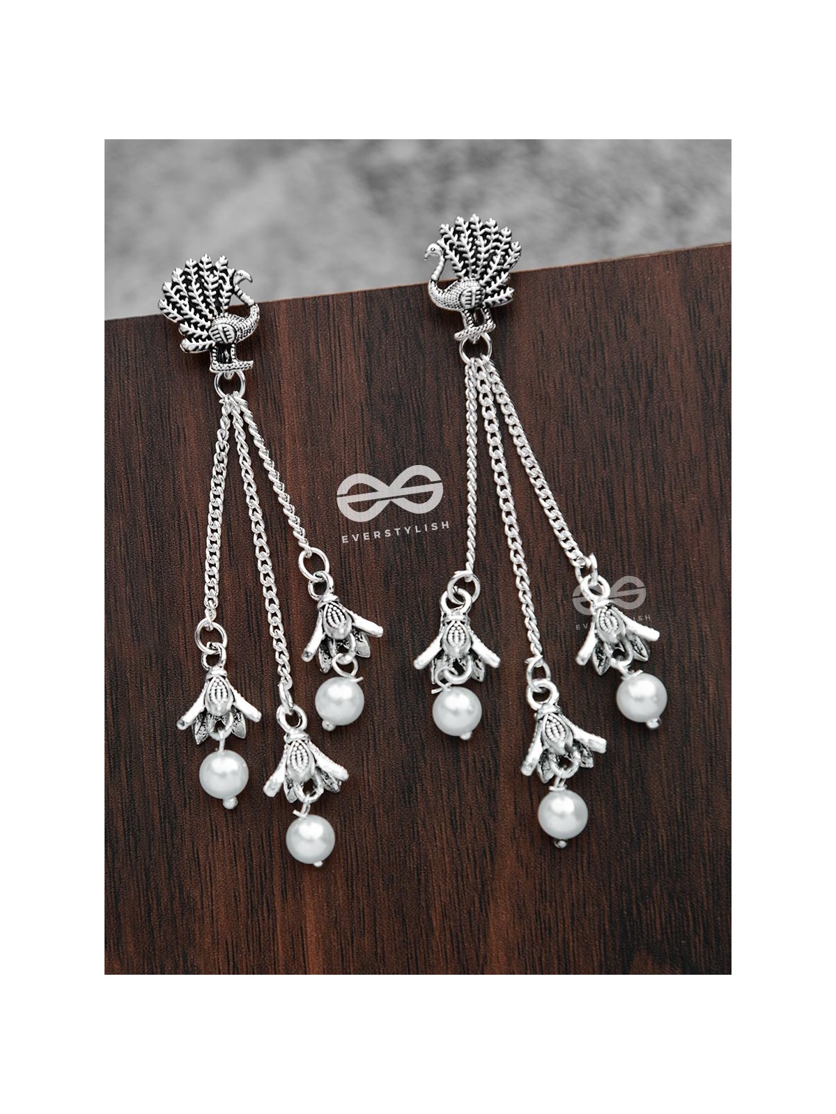 The Pristine Peacock Triple Pearl Jhumkis - Oxidised Boho Earrings