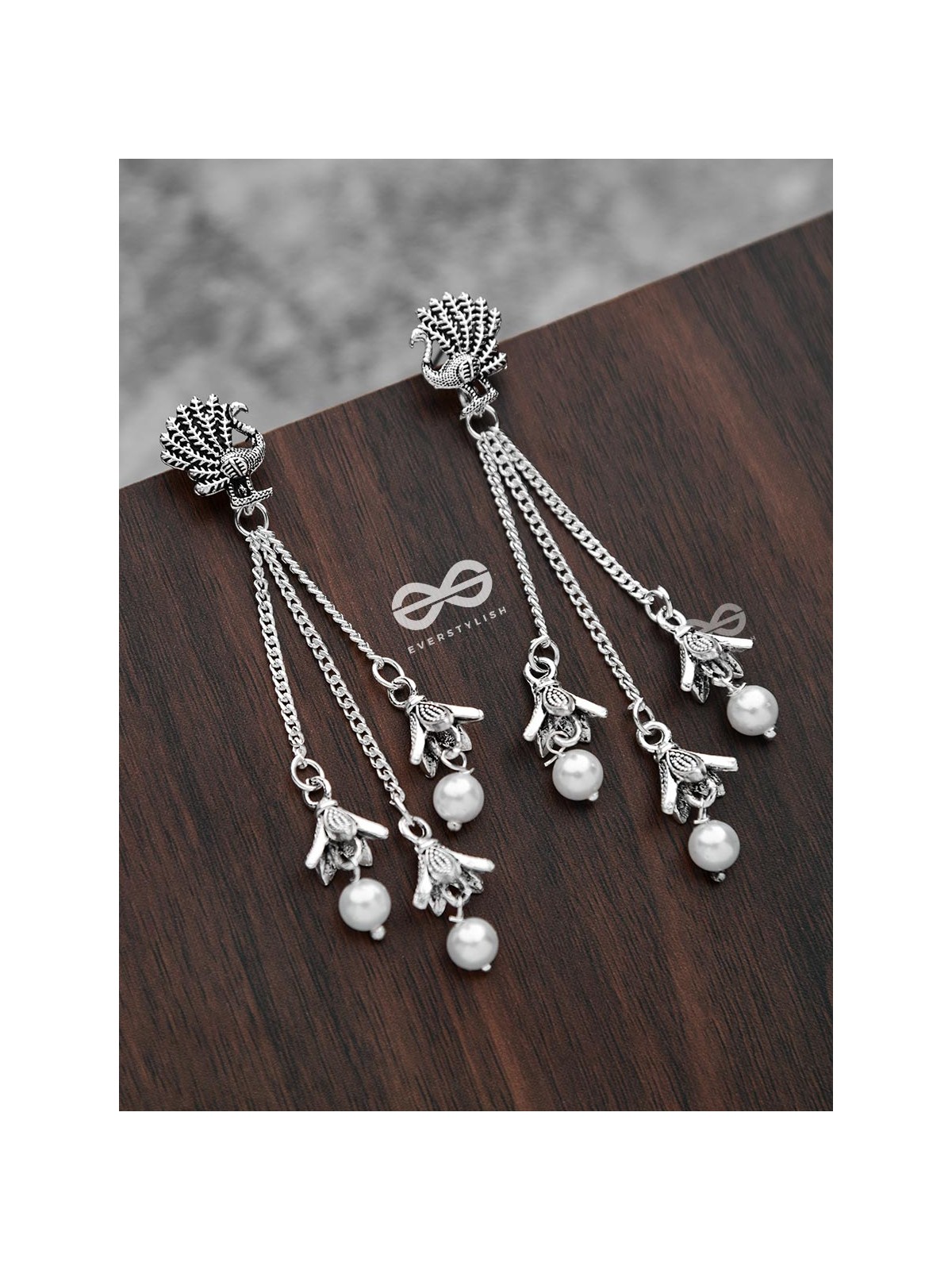 The Pristine Peacock Triple Pearl Jhumkis - Oxidised Boho Earrings