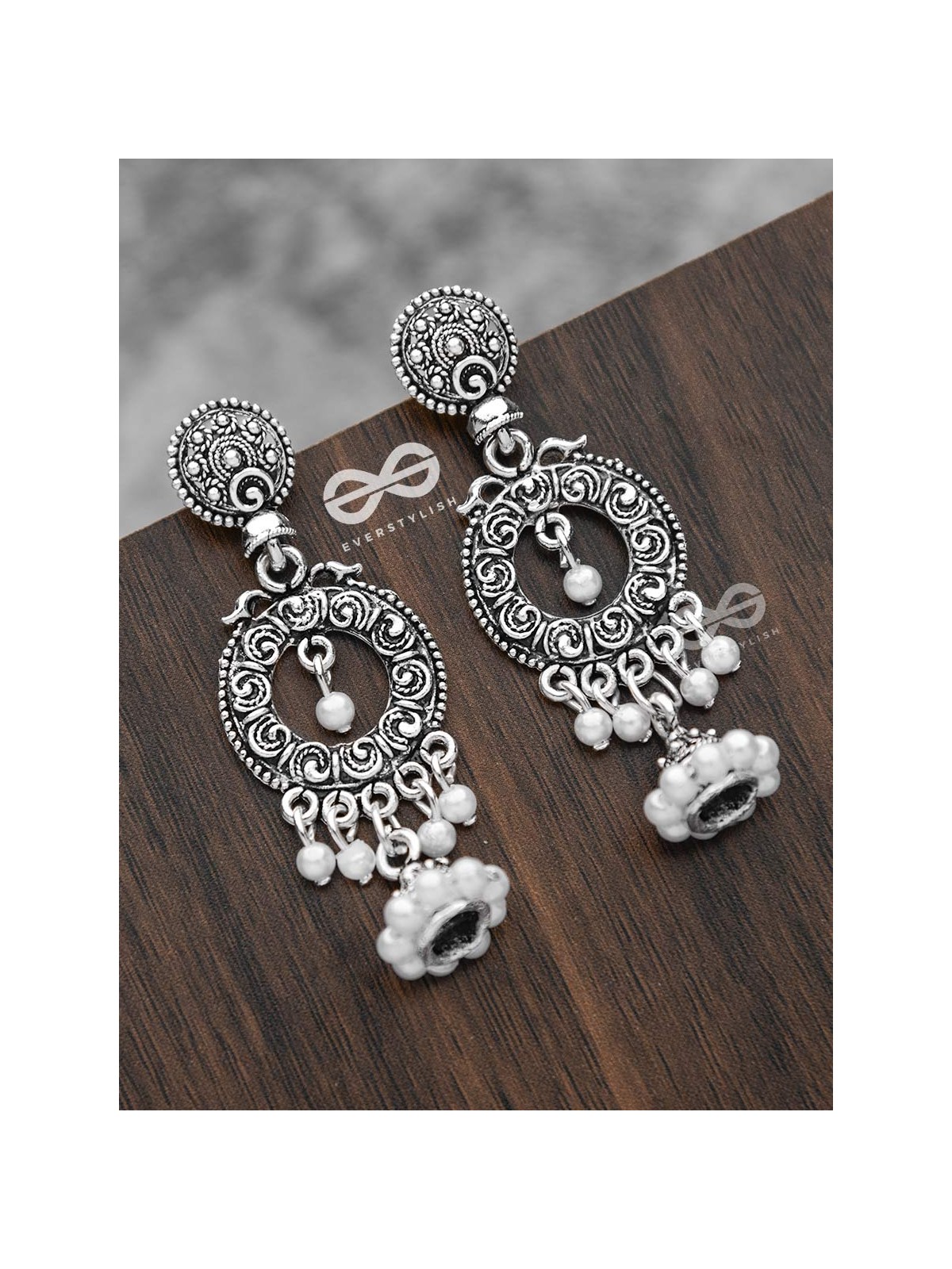 The Layered Pearl Motif Jhumkis - Oxidised Boho Earrings