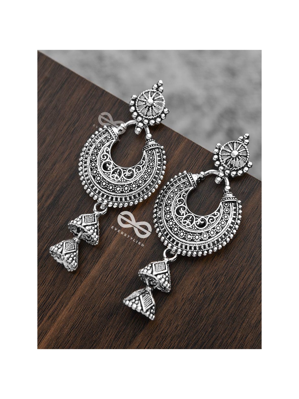 The Motif Moon Double Layered Jhumkis (Silver)