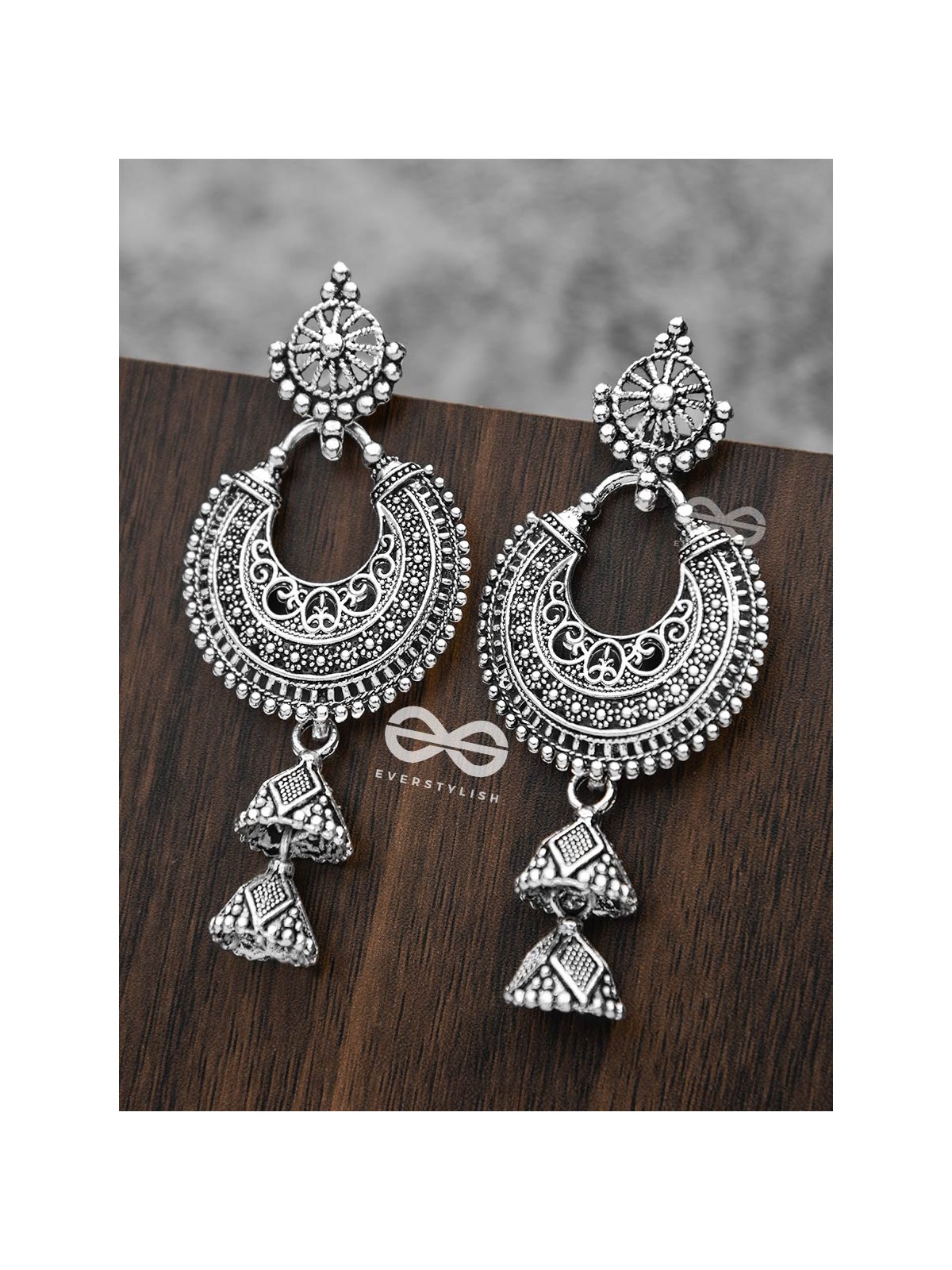 The Motif Moon Double Layered Jhumkis (Silver)