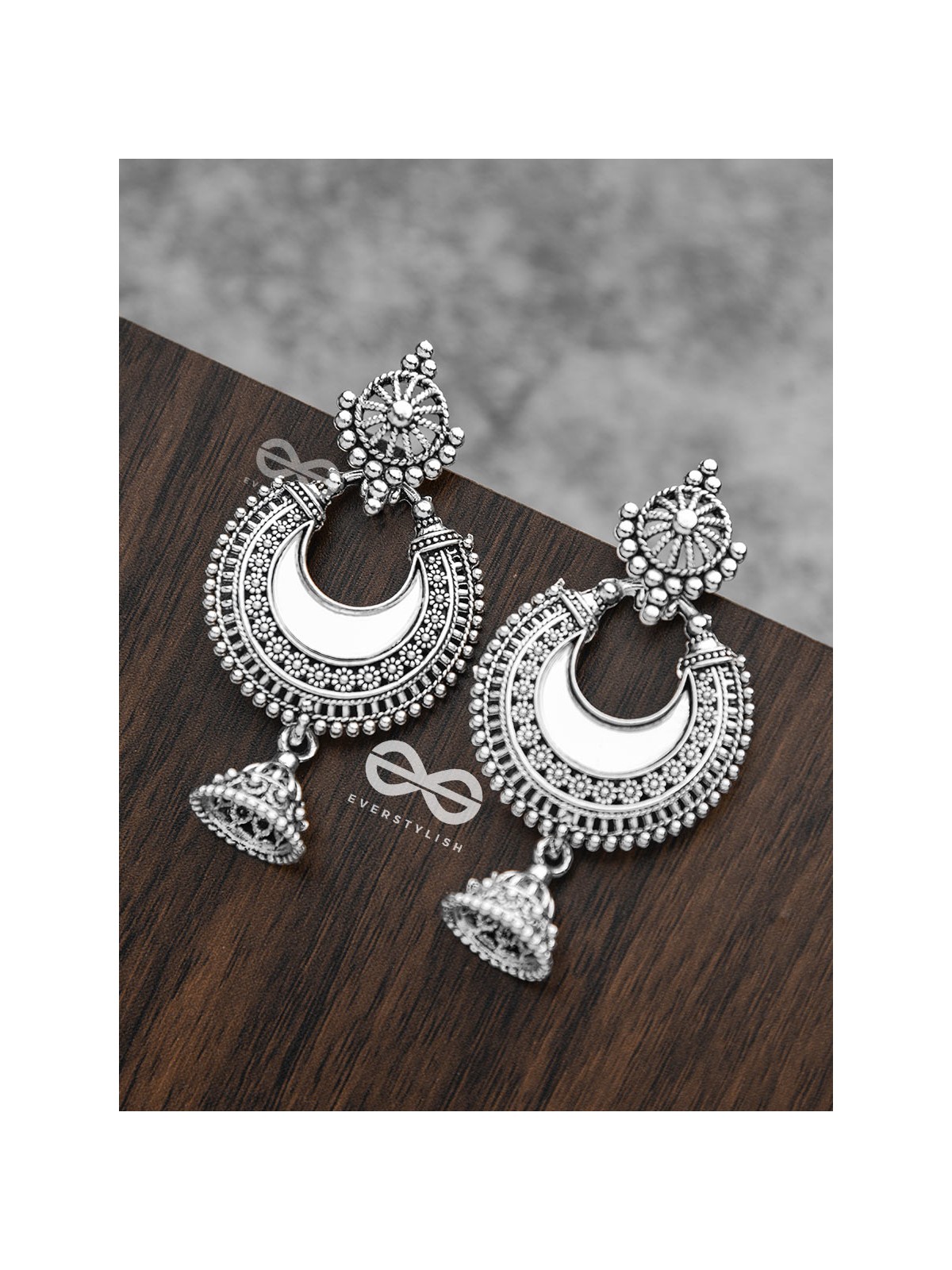 The Intricate Mirror Moon Jhumkis - Oxidised Boho Earrings