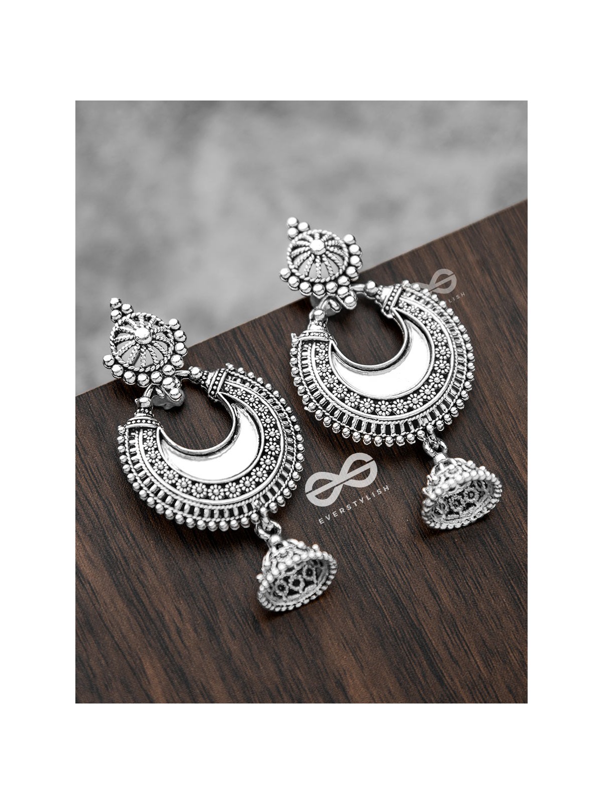 The Intricate Mirror Moon Jhumkis - Oxidised Boho Earrings