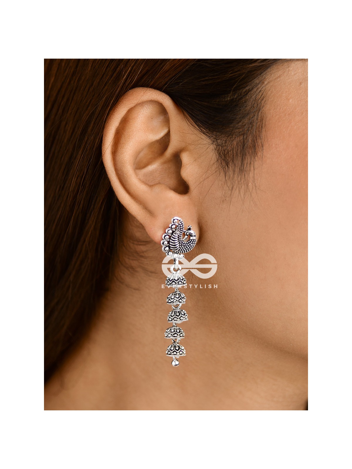 The Five-Layered Peacock Jhumkis - Oxidised Boho Earrings