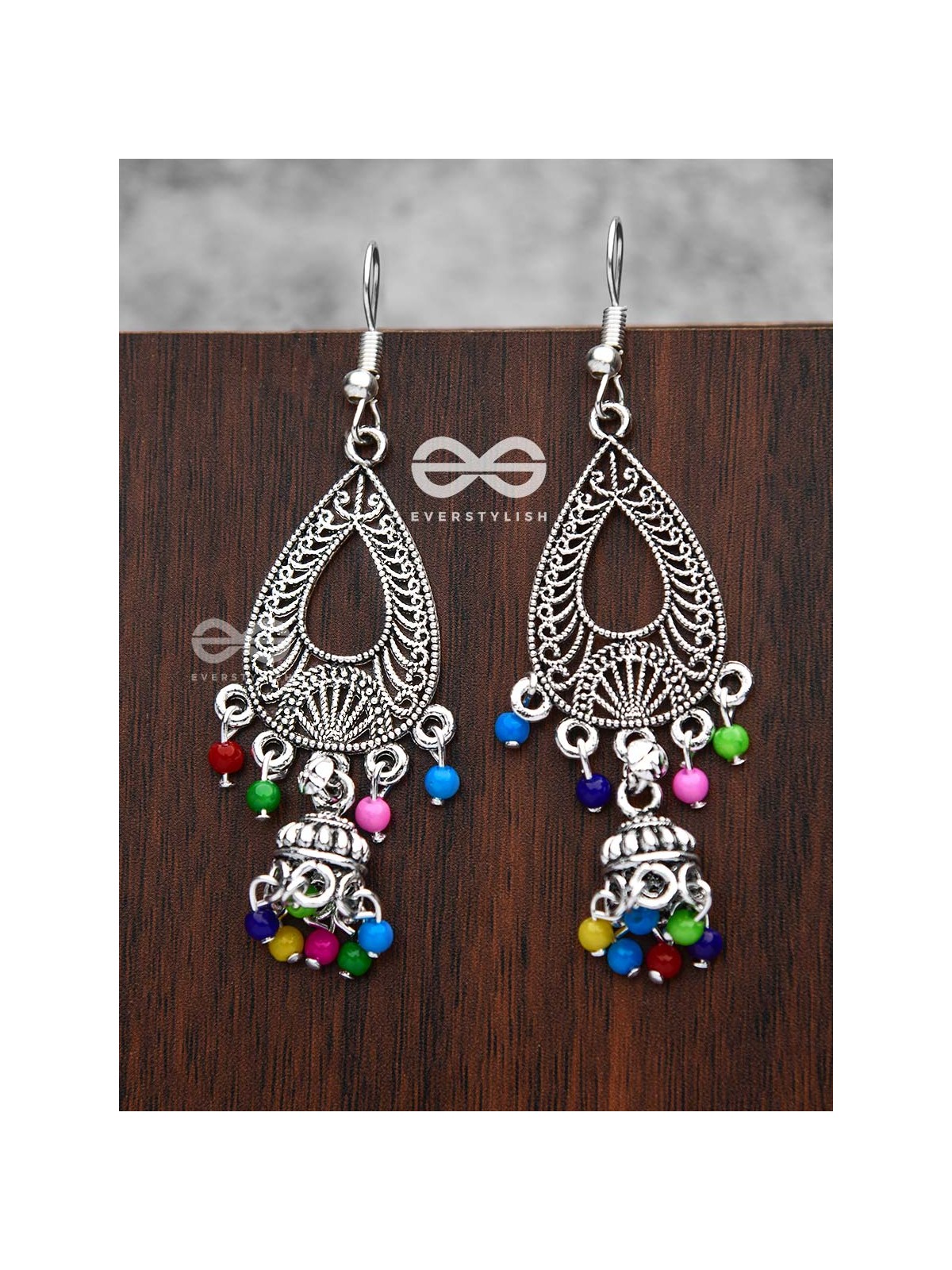 The Meshed Artwork Jhumkis (Multicolour) - Oxidised Boho Earrings