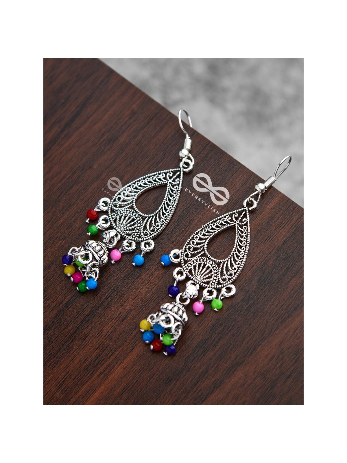 The Meshed Artwork Jhumkis (Multicolour) - Oxidised Boho Earrings