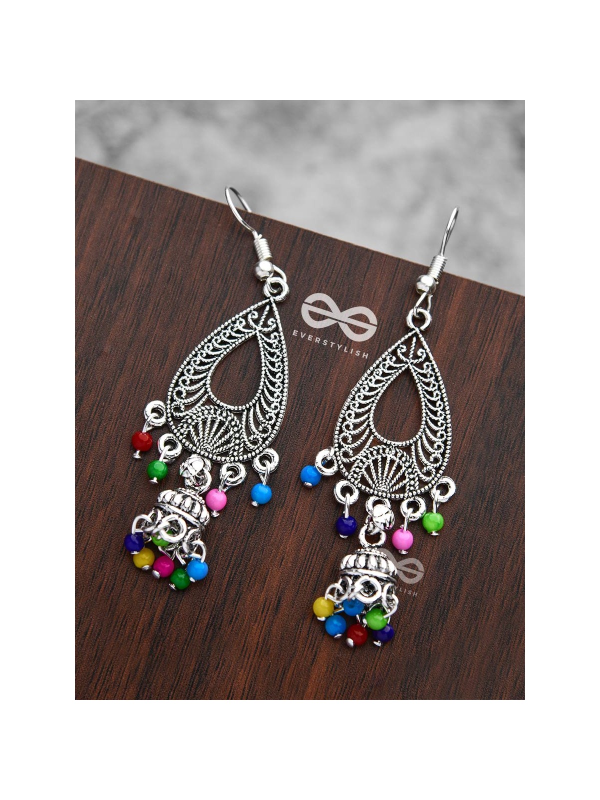 The Meshed Artwork Jhumkis (Multicolour) - Oxidised Boho Earrings