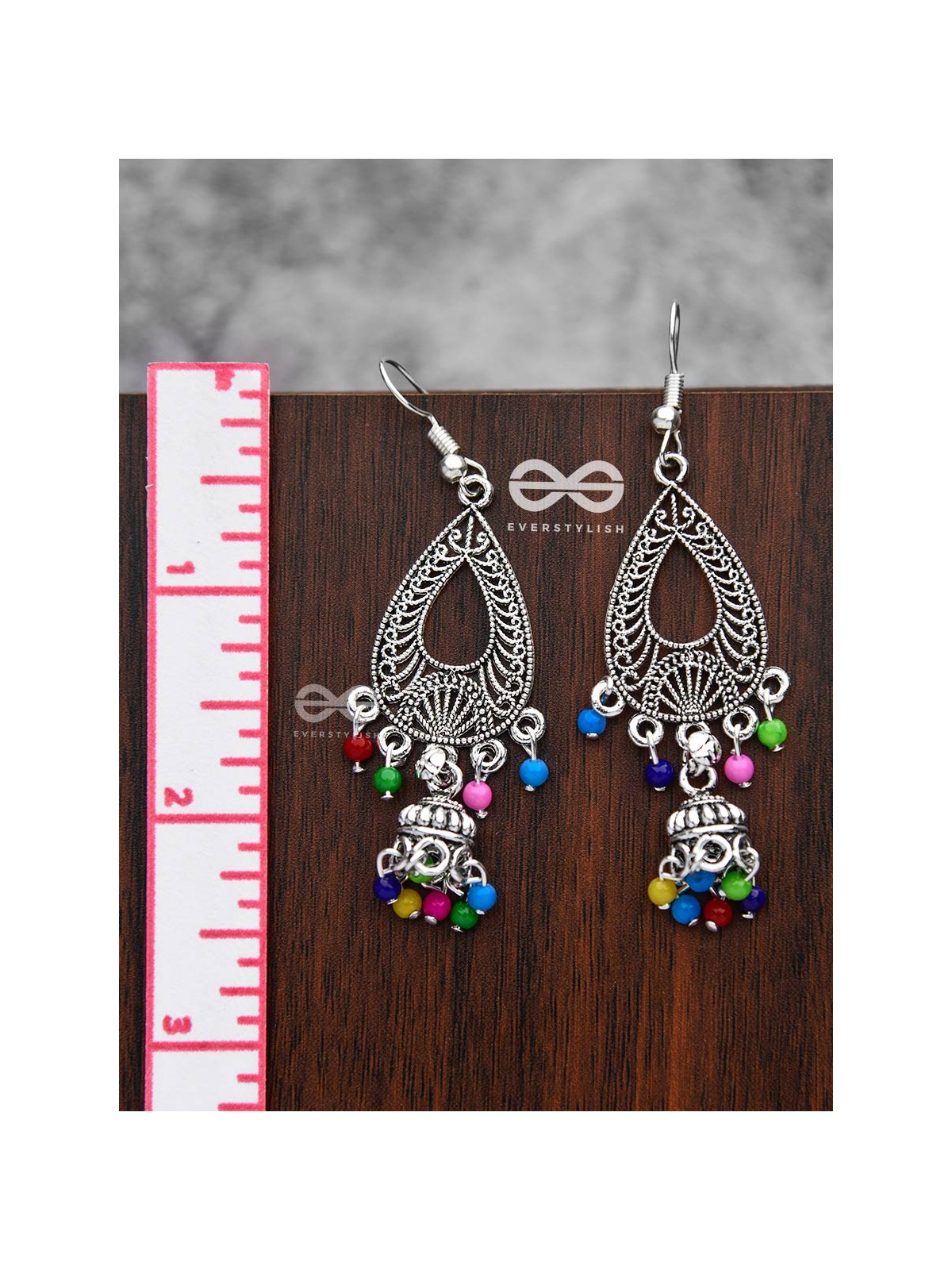 The Meshed Artwork Jhumkis (Multicolour) - Oxidised Boho Earrings