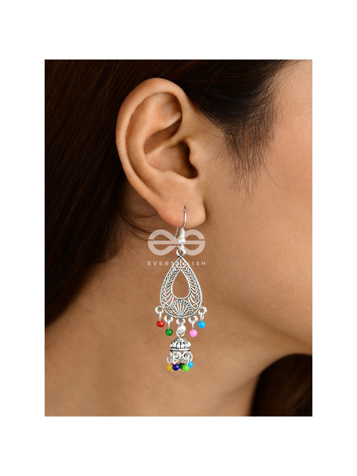 The Meshed Artwork Jhumkis (Multicolour) - Oxidised Boho Earrings