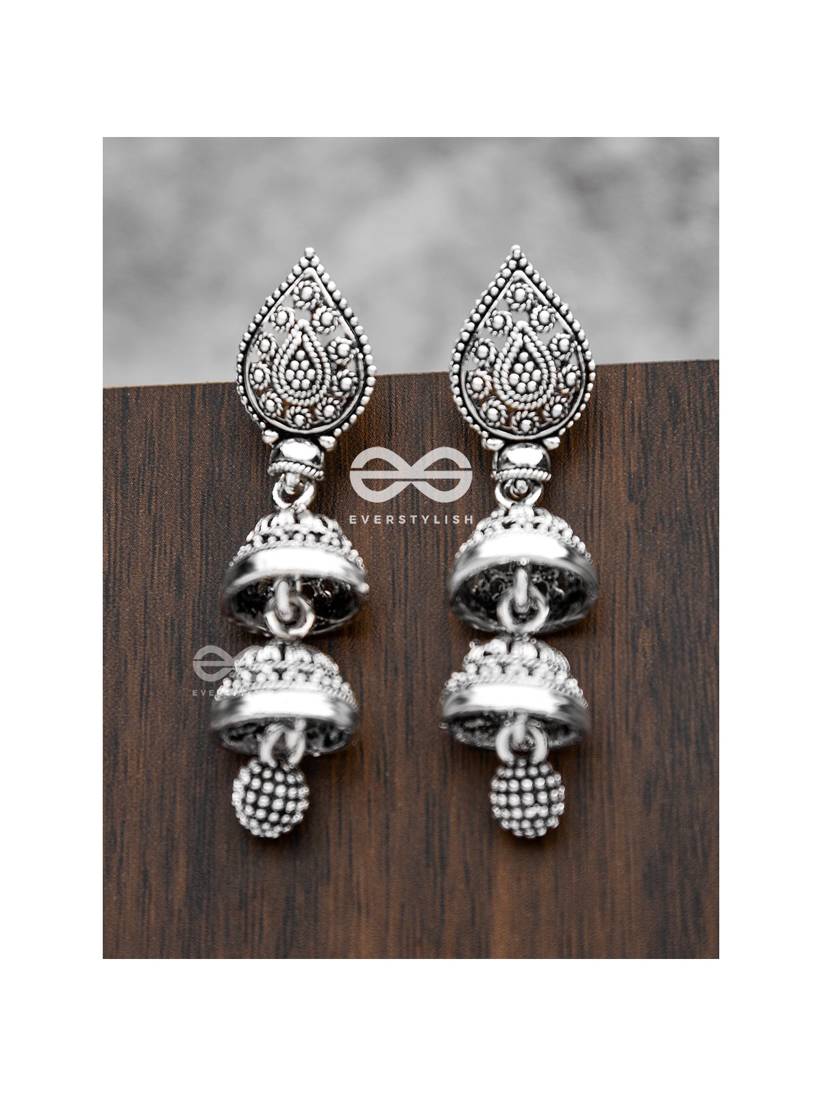 The double-Layered Drop Jhumkis - Oxidised Boho Earrings
