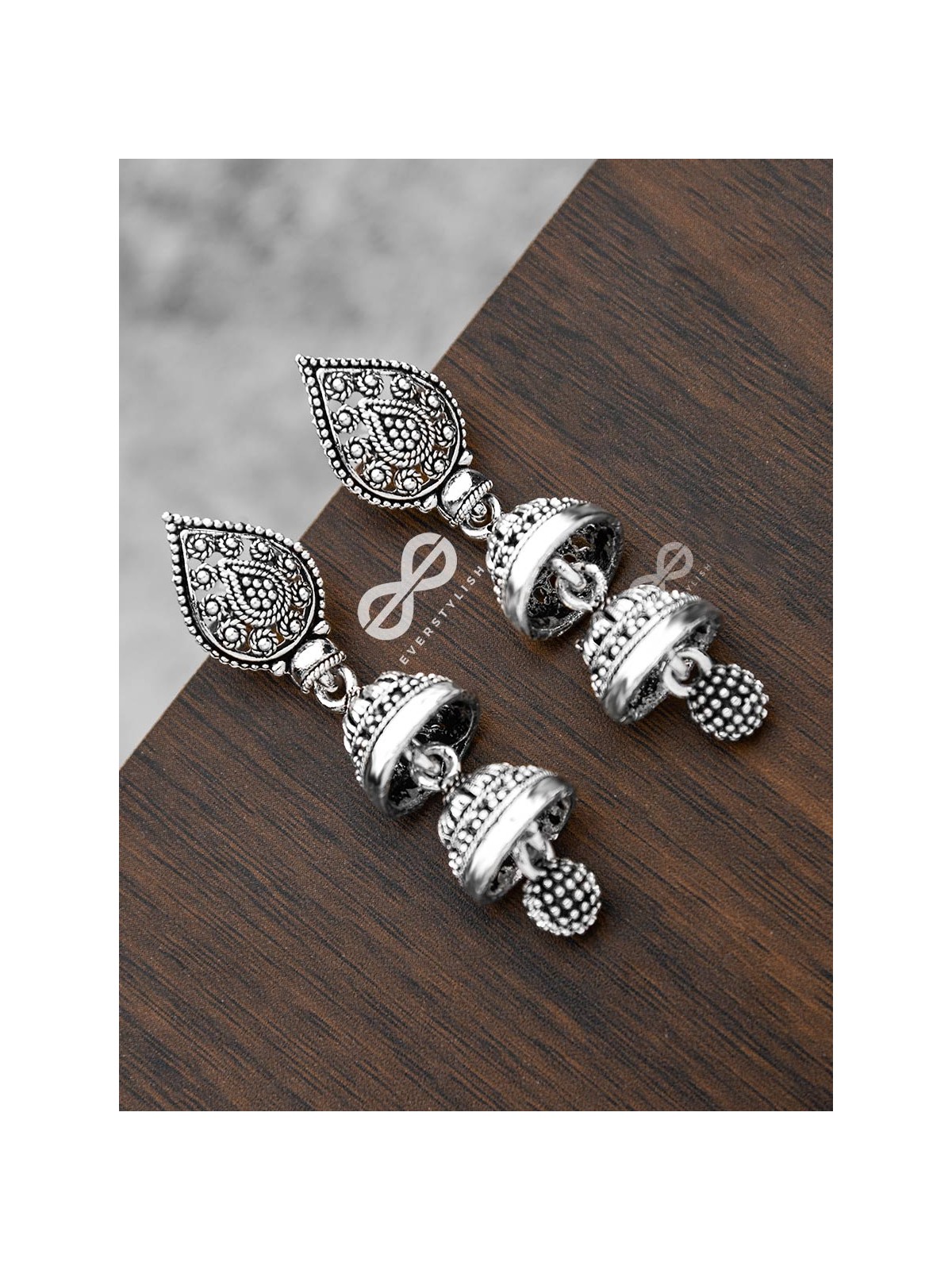 The double-Layered Drop Jhumkis - Oxidised Boho Earrings