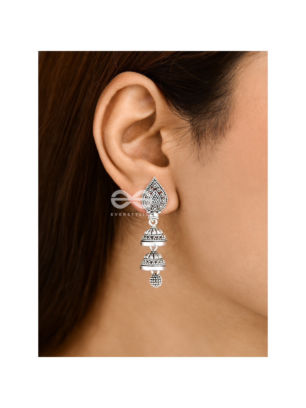 The double-Layered Drop Jhumkis - Oxidised Boho Earrings