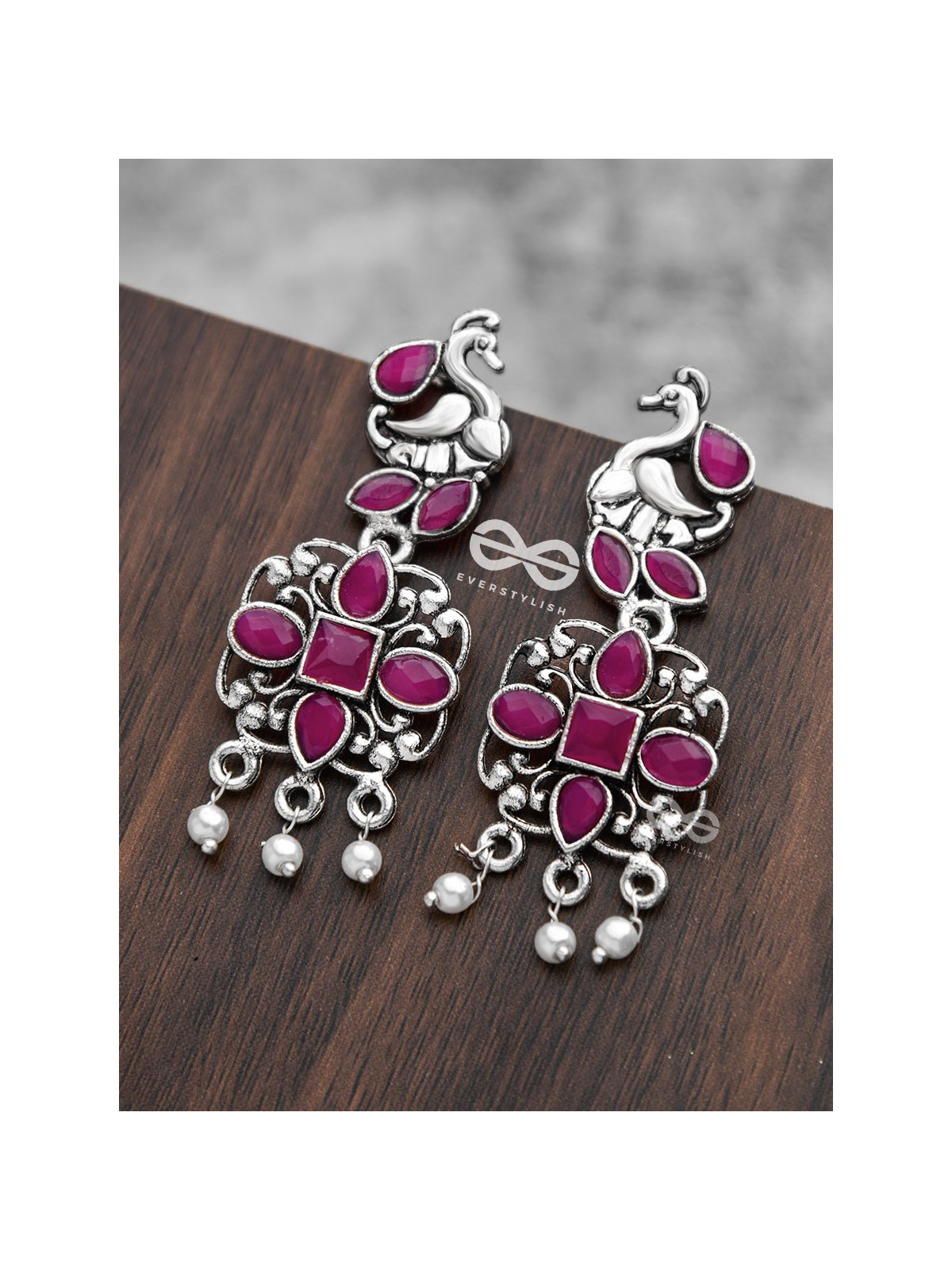 The Artsy Peacock Danglers (Ruby Red) - Embellished Oxidised Collection