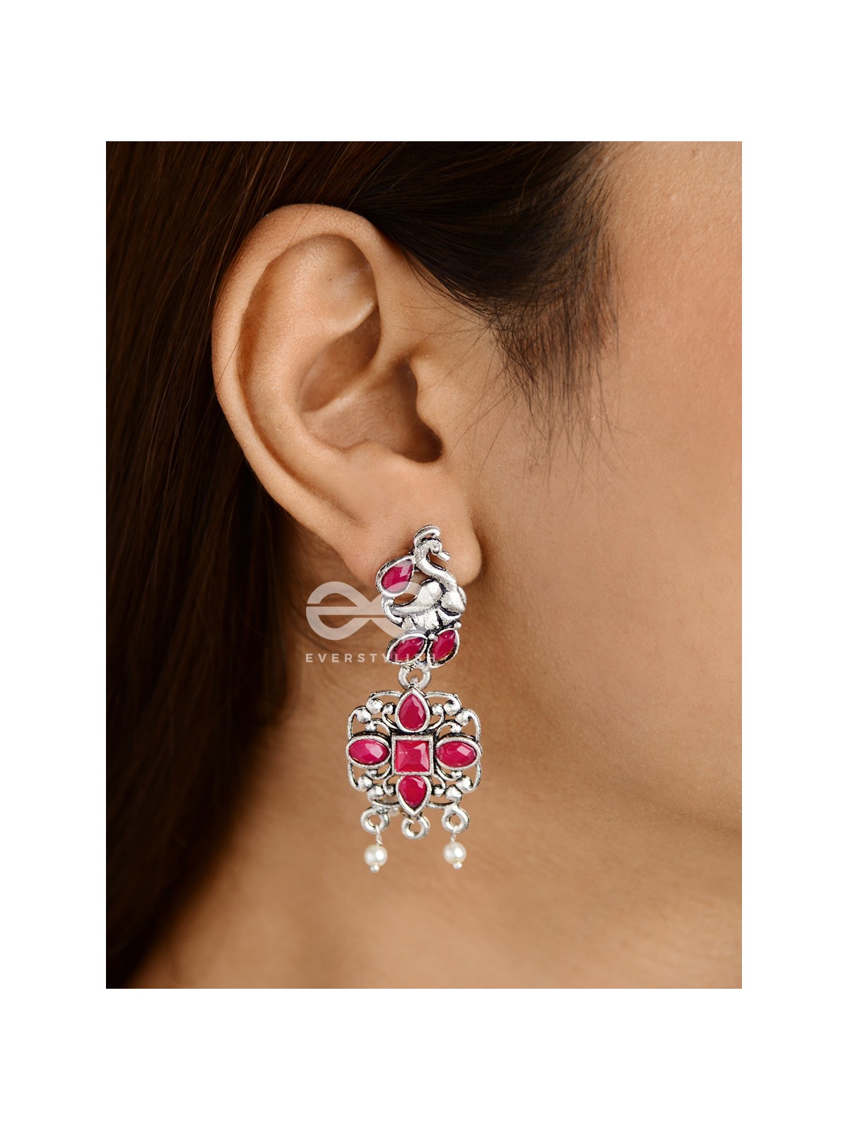 The Artsy Peacock Danglers (Ruby Red) - Embellished Oxidised Collection