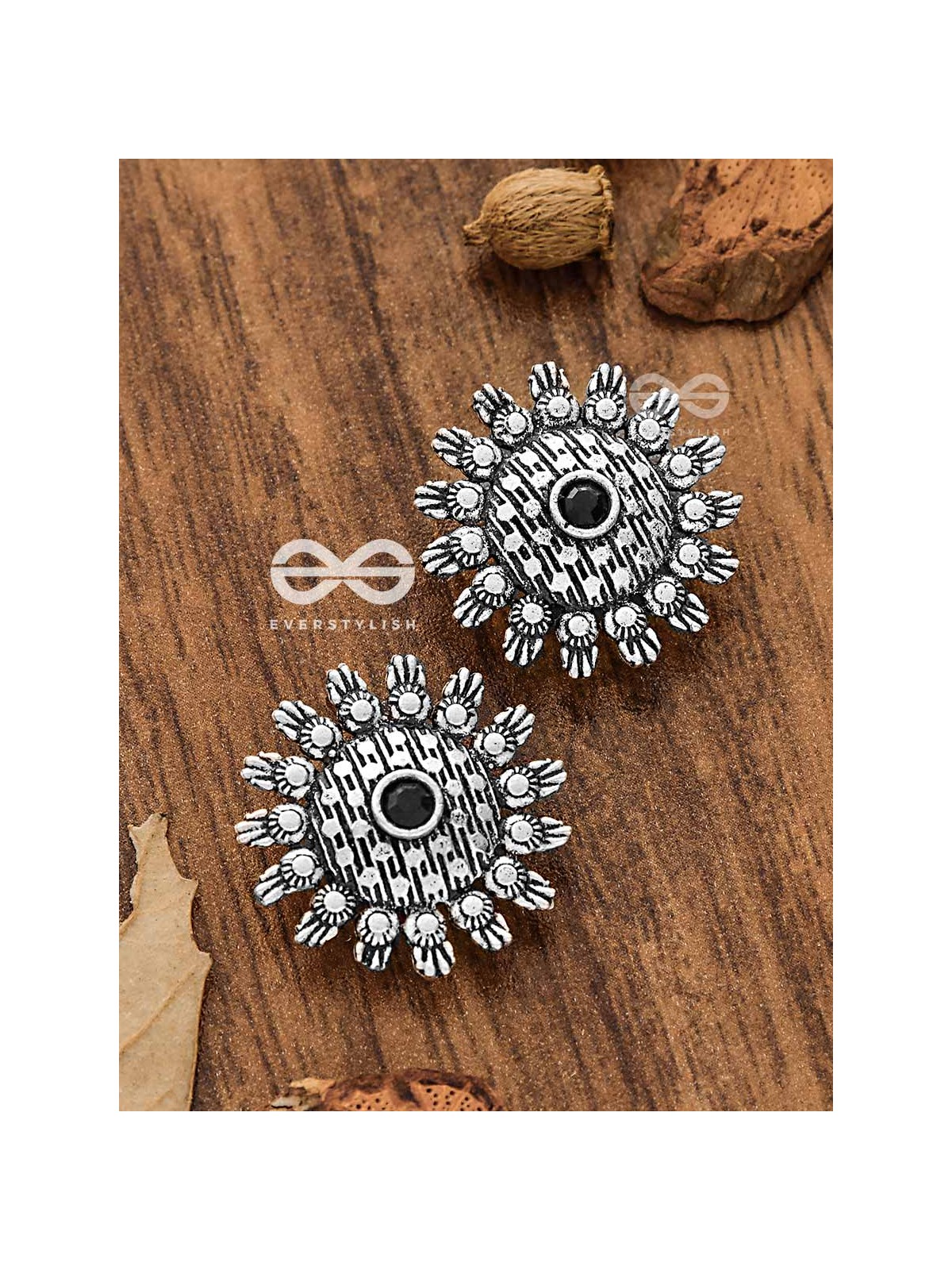 The Bohemian Intricate Sun (Onyx Black) - Embellished Oxidised Studs