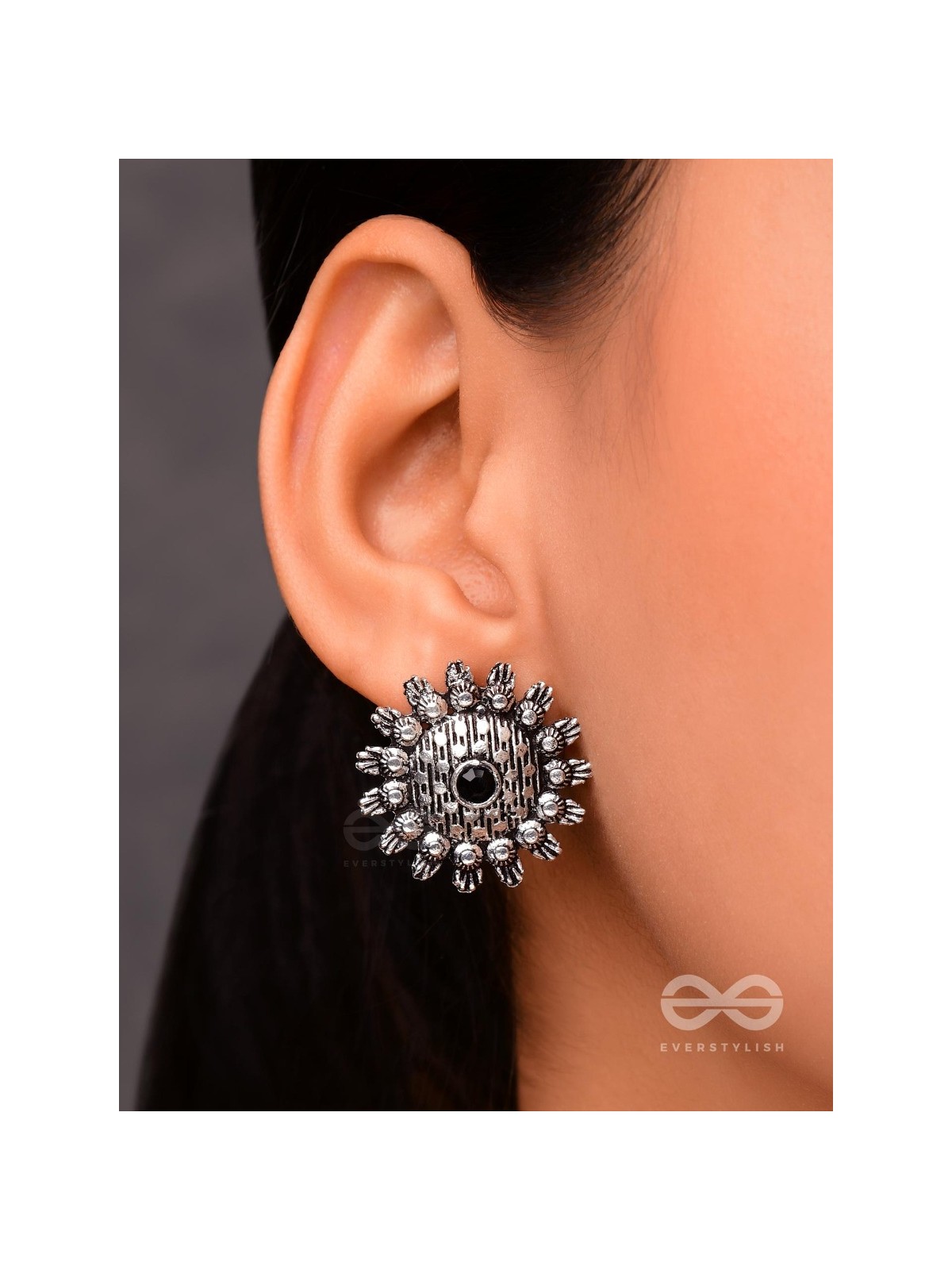 The Bohemian Intricate Sun (Onyx Black) - Embellished Oxidised Studs