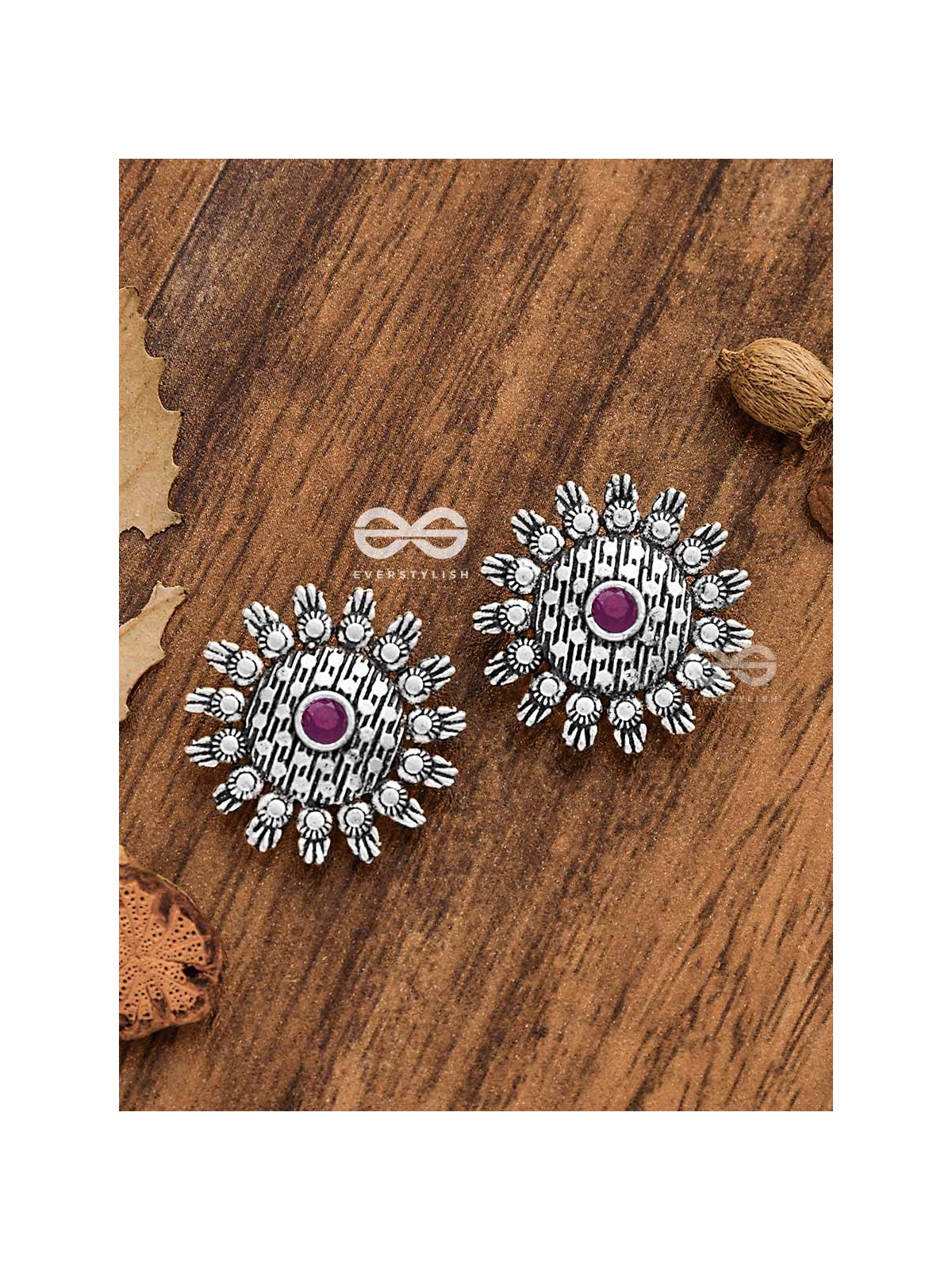 The Bohemian Intricate Sun (Ruby Red) - Embellished Oxidised Studs