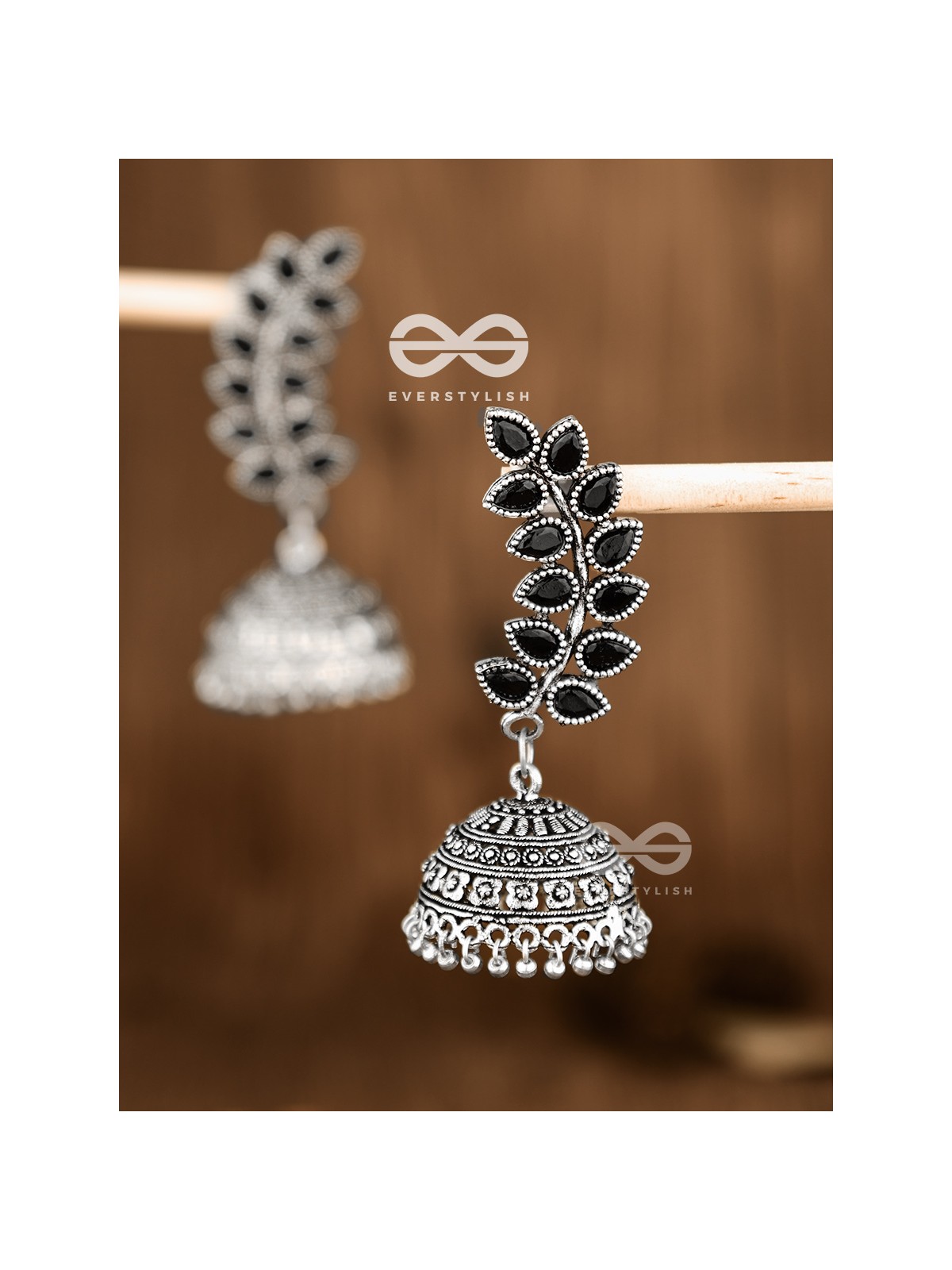The Elegance of Nature (Onyx Black) Jhumkas - Embellished Oxidised Collection