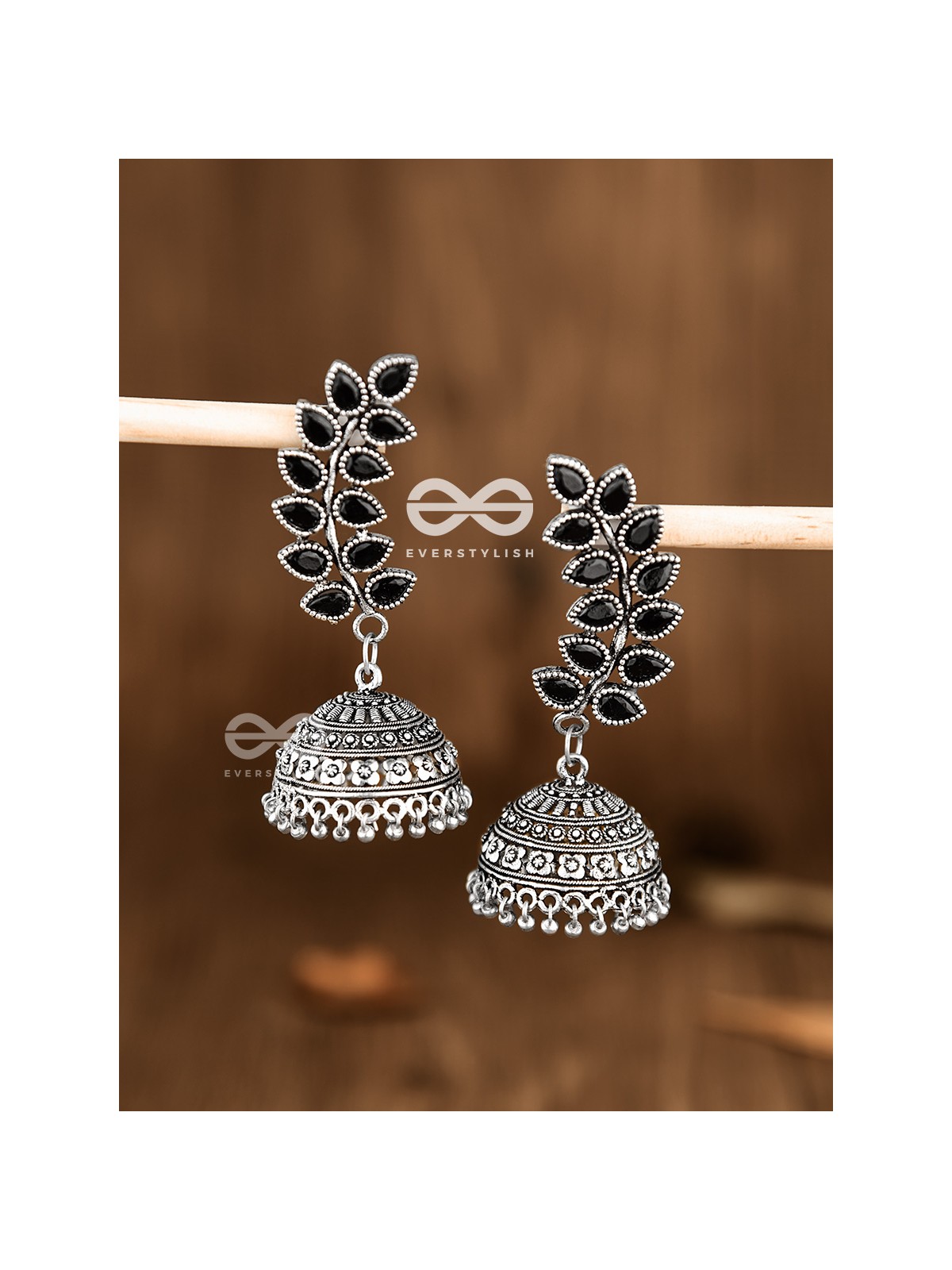 The Elegance of Nature (Onyx Black) Jhumkas - Embellished Oxidised Collection