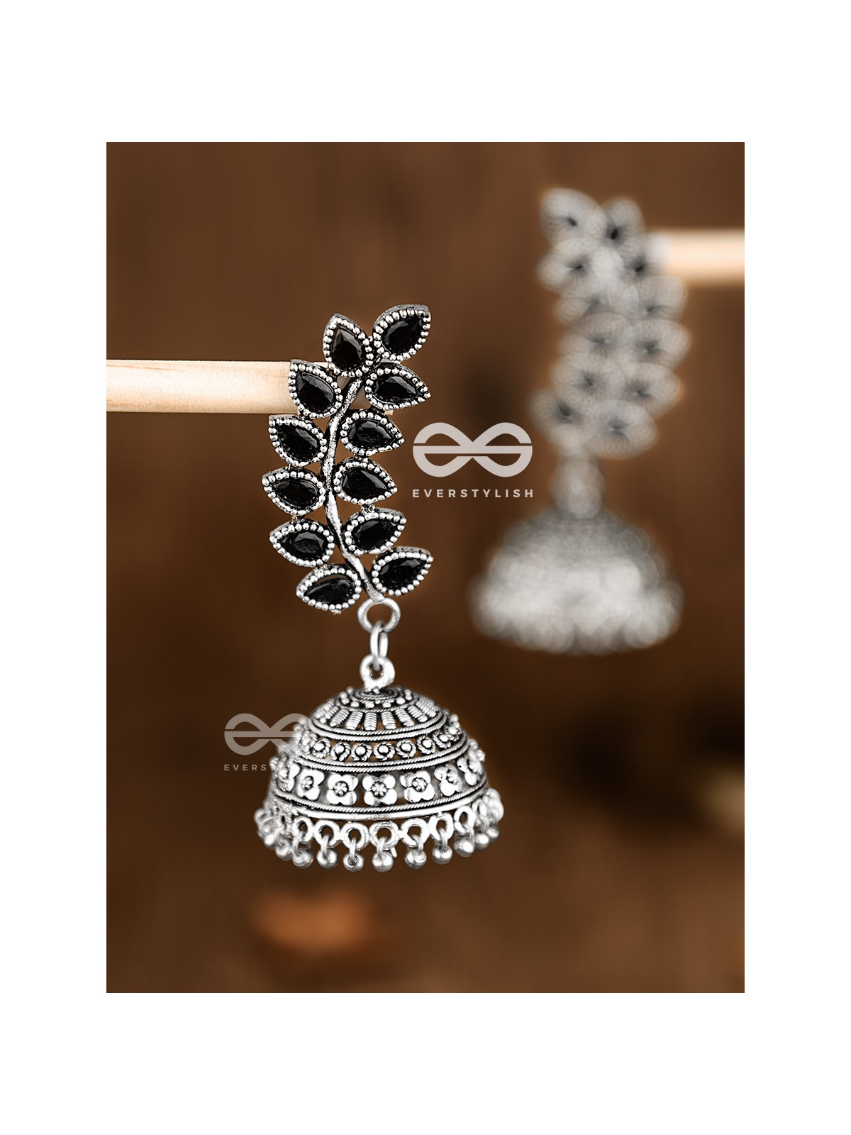 The Elegance of Nature (Onyx Black) Jhumkas - Embellished Oxidised Collection