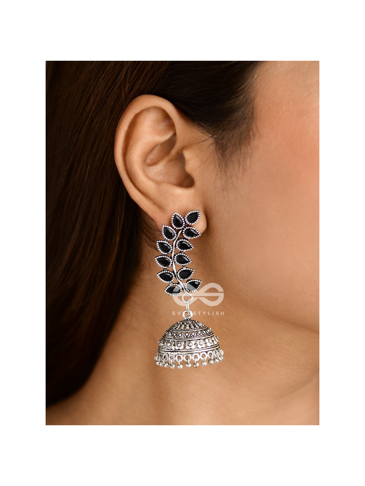 The Elegance of Nature (Onyx Black) Jhumkas - Embellished Oxidised Collection