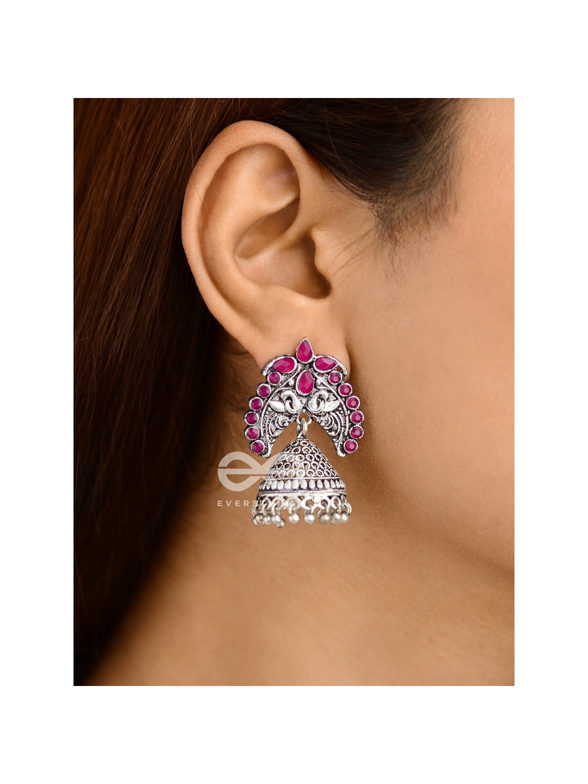 The Incredibly Indian Artwork Jhumkas (Ruby Red) - Embellished Oxidised Collection