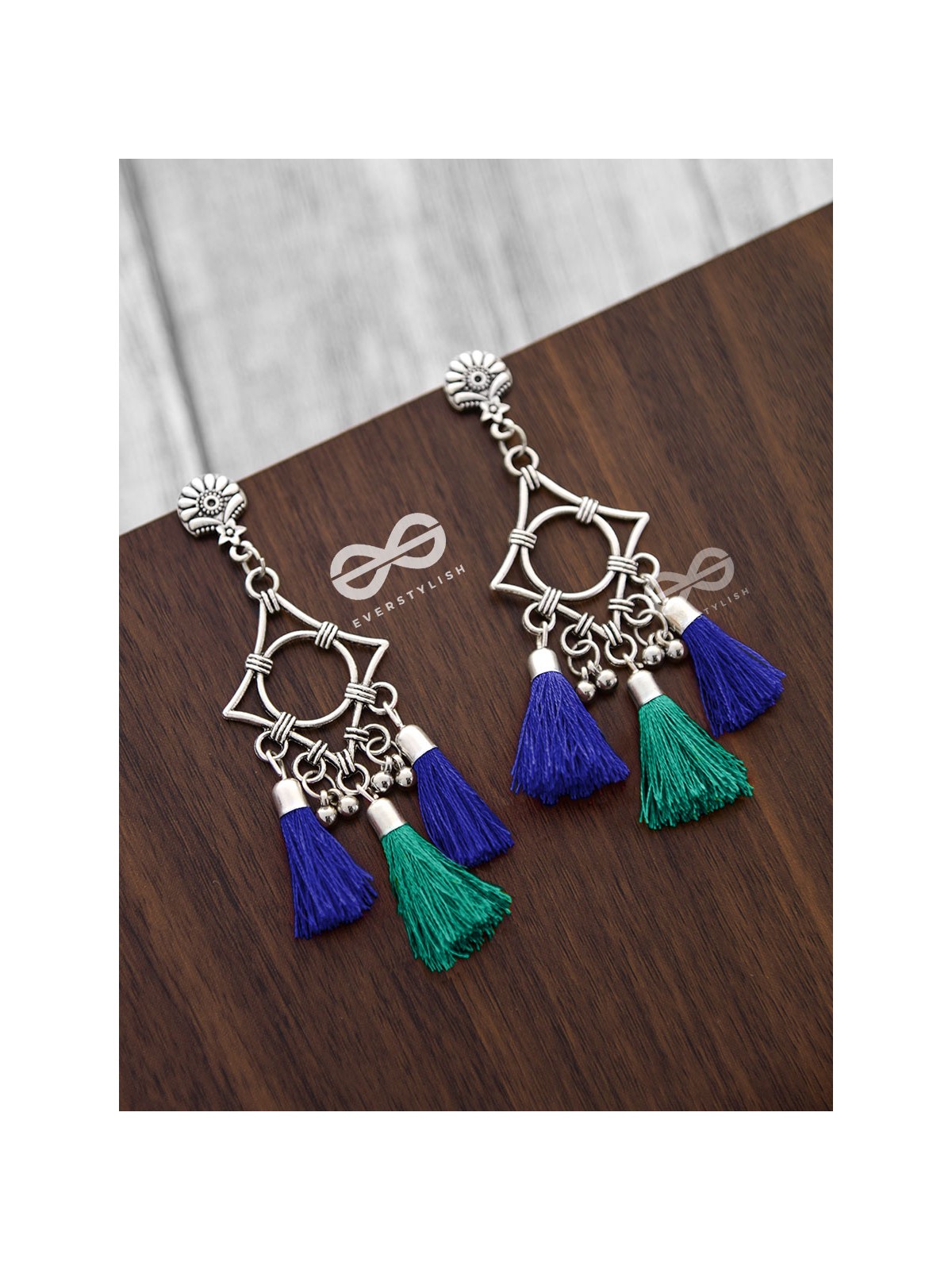 The Geometric Tasseled Elegance (Blue-Green) - Casual Danglers