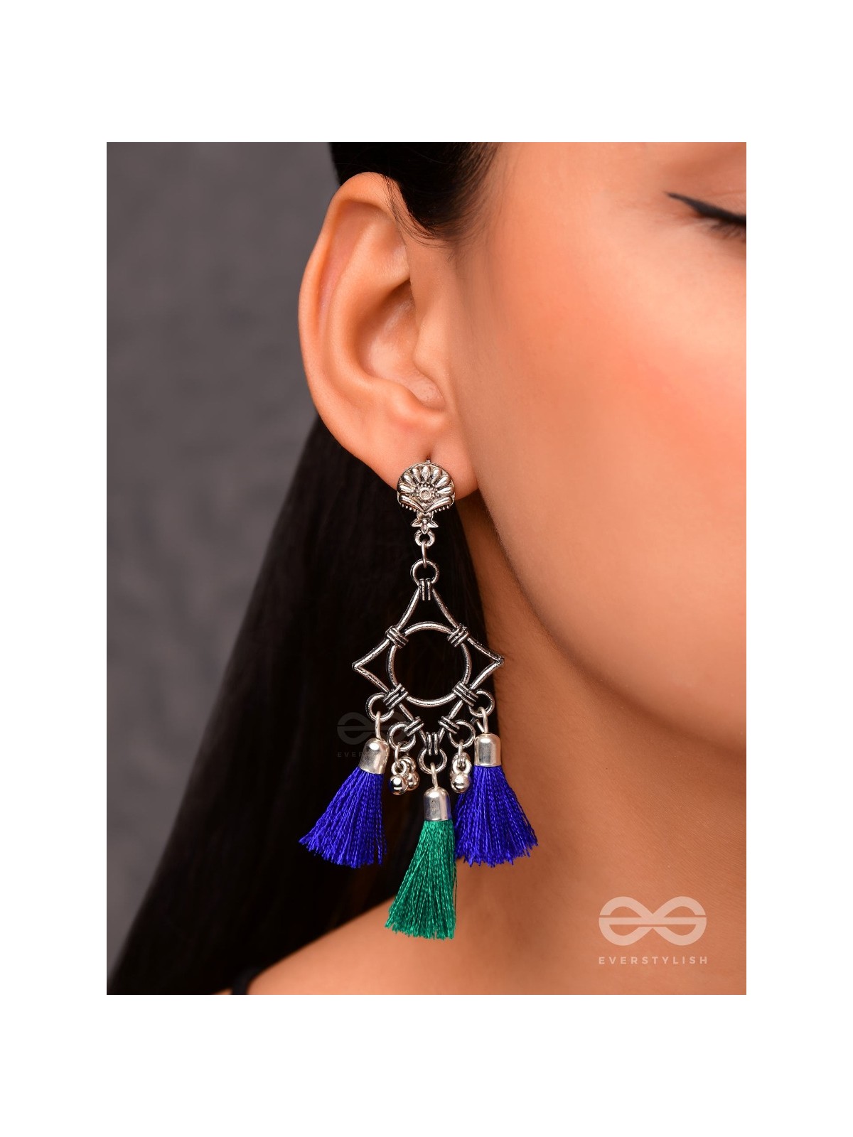 The Geometric Tasseled Elegance (Blue-Green) - Casual Danglers
