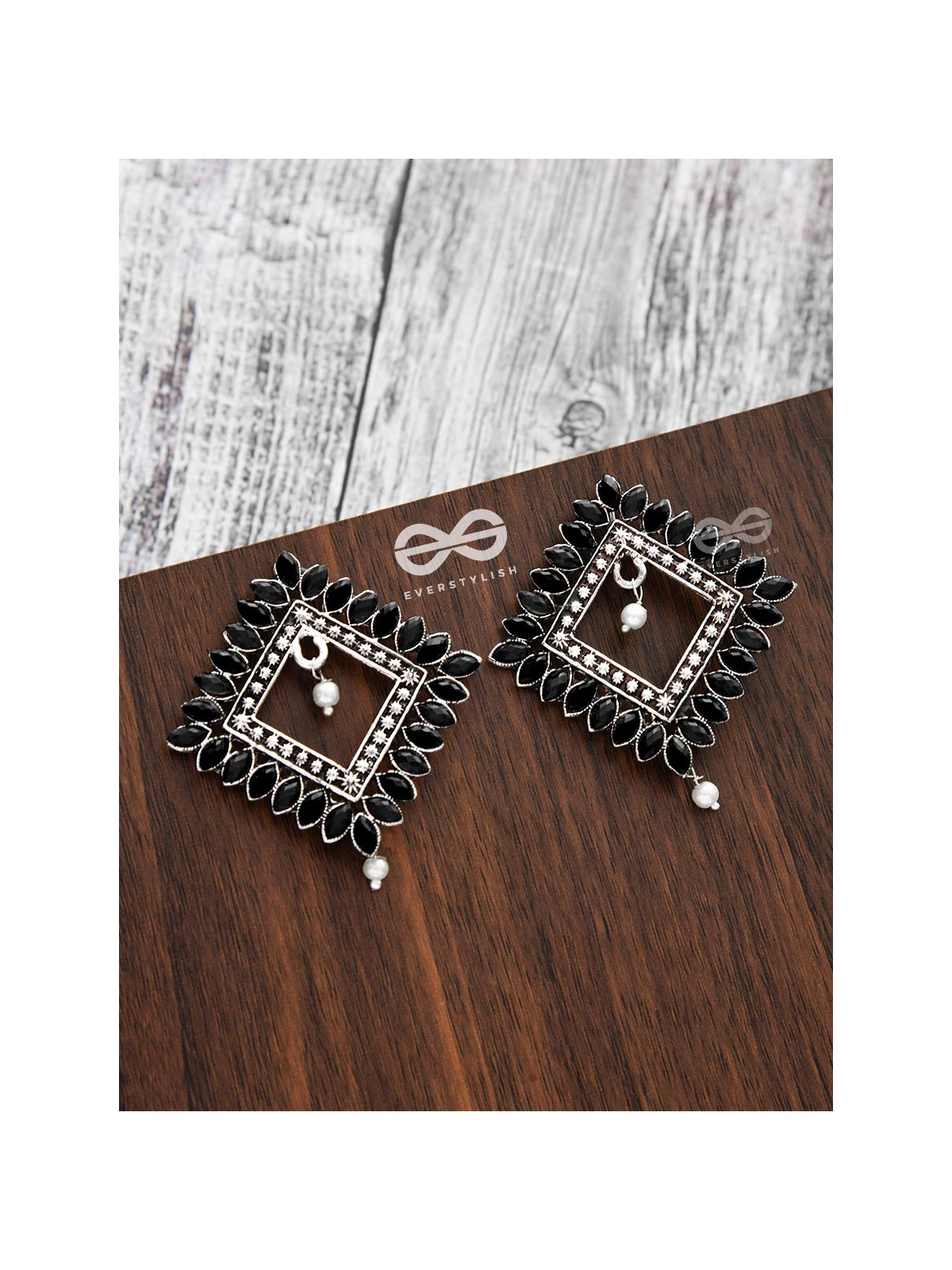 The Elegance Squared Studs (Onyx Black)- Embellished Oxidised Collection