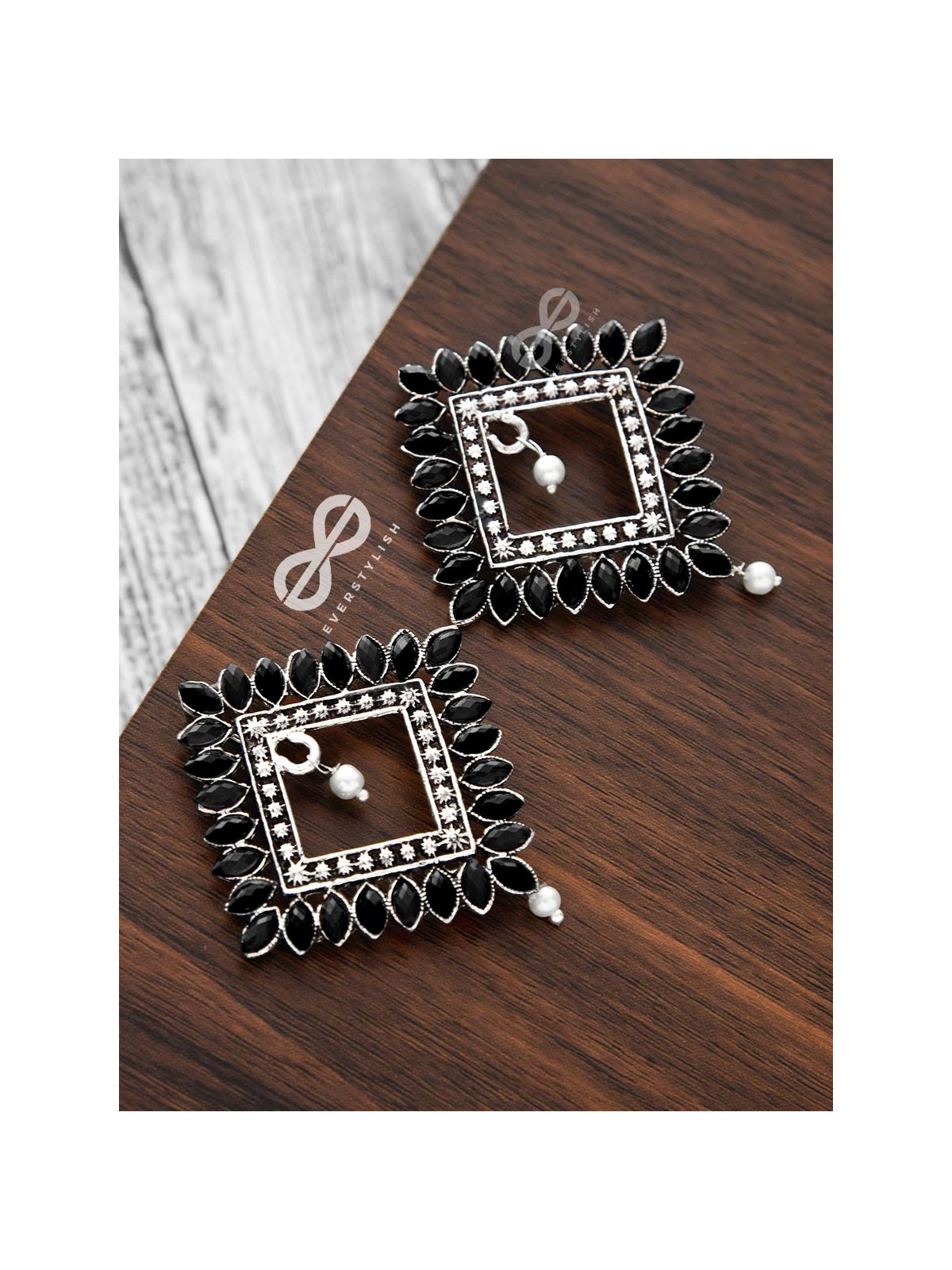 The Elegance Squared Studs (Onyx Black)- Embellished Oxidised Collection