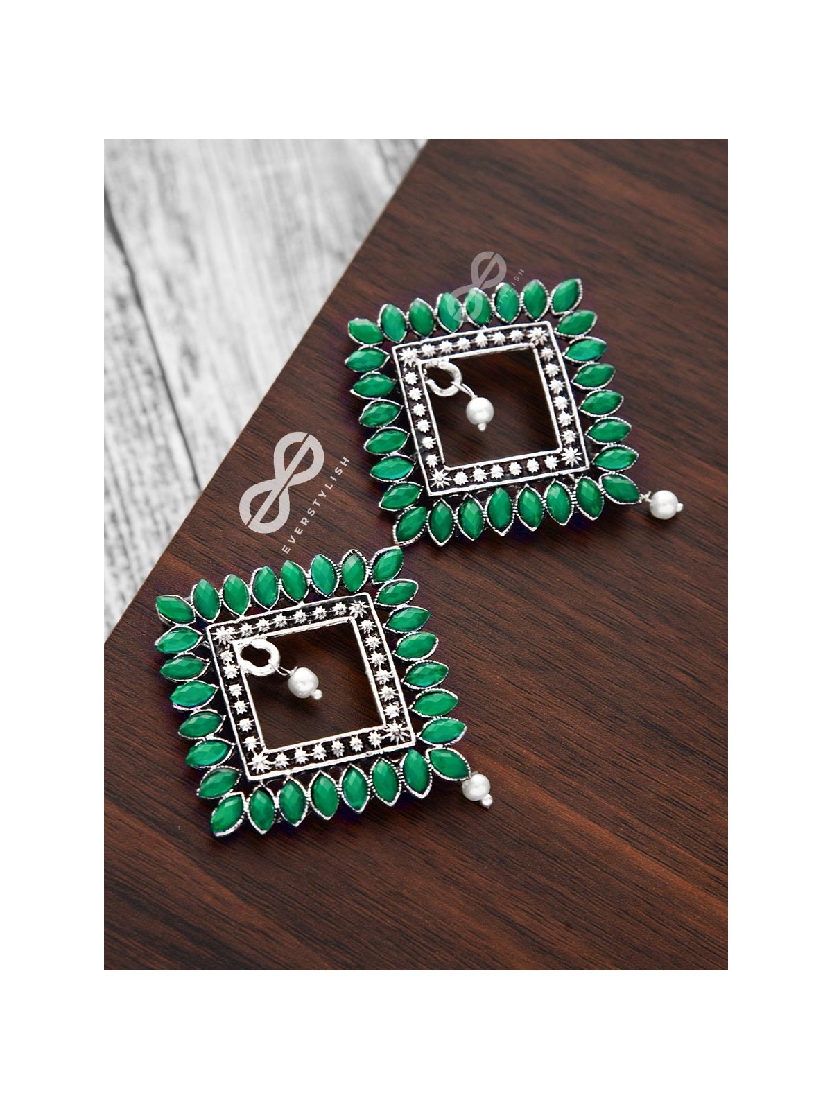 The Elegance Squared Studs (Emerald Green)- Embellished Oxidised Collection
