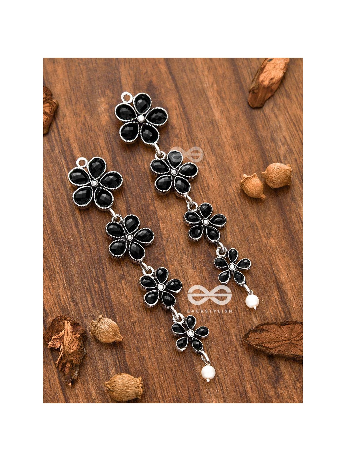 The Four Layered Dangling Floral Studs (Onyx Black) - Embellished Oxidised Collection