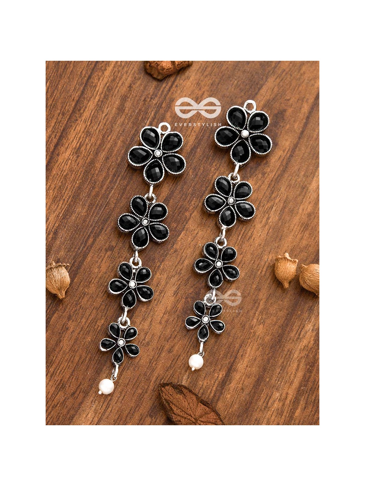 The Four Layered Dangling Floral Studs (Onyx Black) - Embellished Oxidised Collection