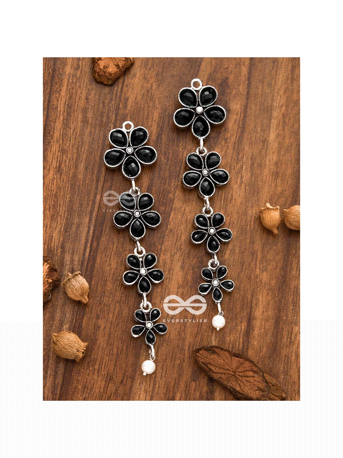 The Four Layered Dangling Floral Studs (Onyx Black) - Embellished Oxidised Collection