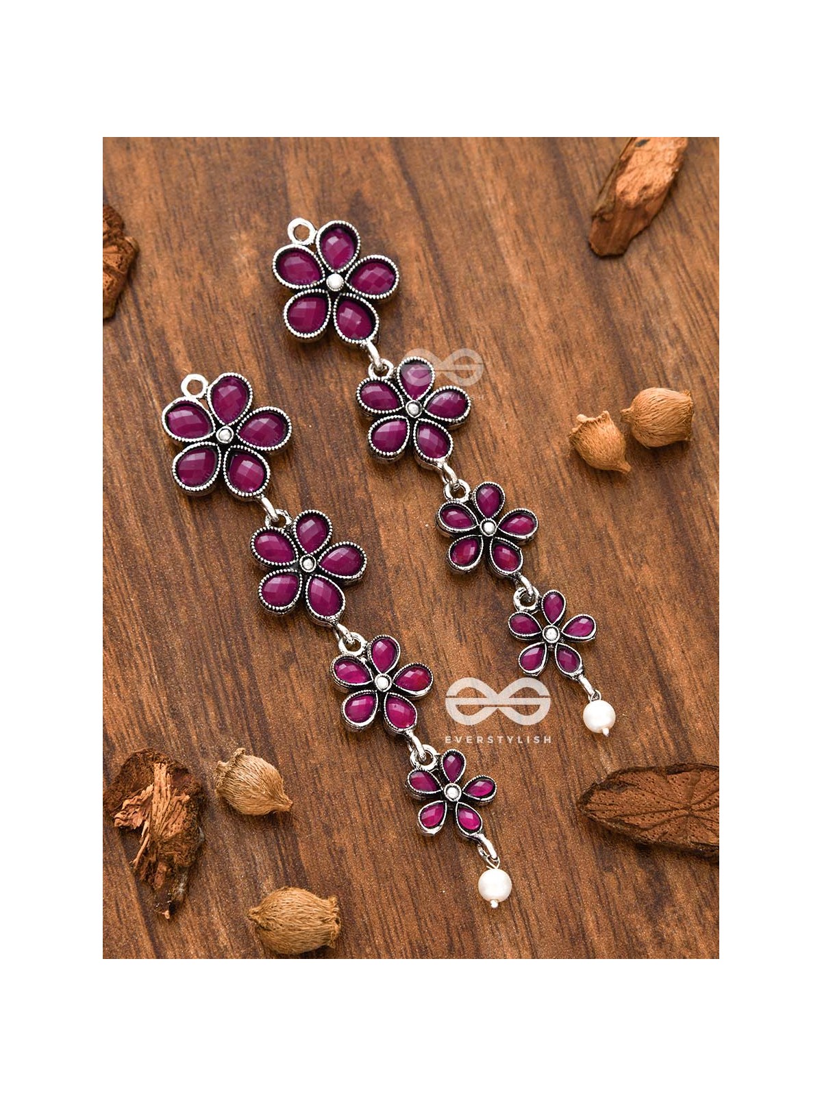 The Four Layered Dangling Floral Studs (Ruby Red) - Embellished Oxidised Collection