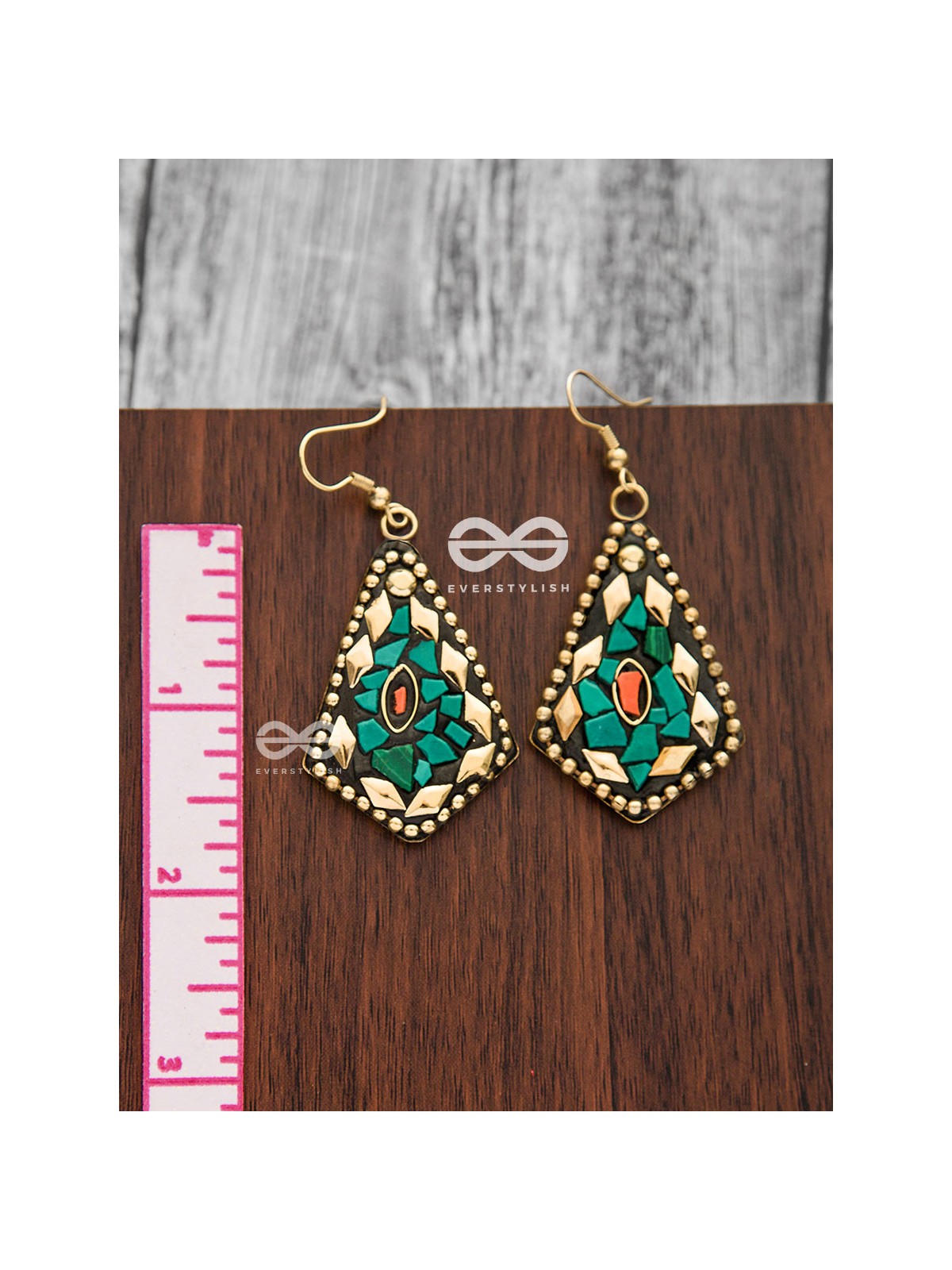 A Handcrafted Delight - Golden Turquoise Tribal Style Earrings