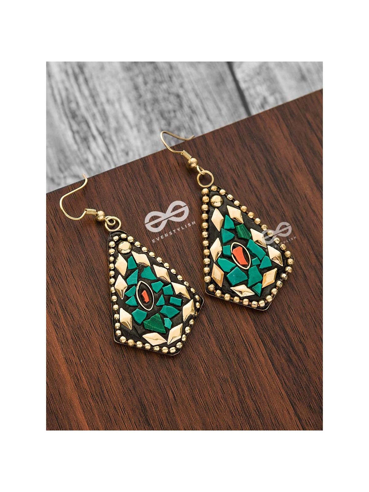 A Handcrafted Delight - Golden Turquoise Tribal Style Earrings