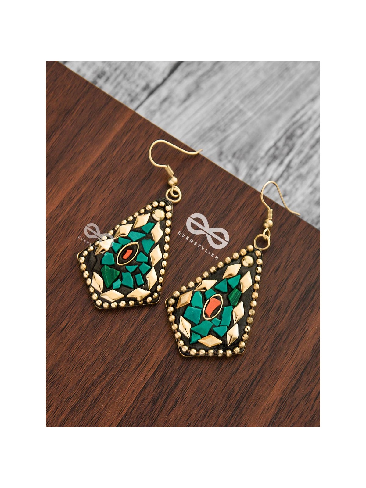 A Handcrafted Delight - Golden Turquoise Tribal Style Earrings