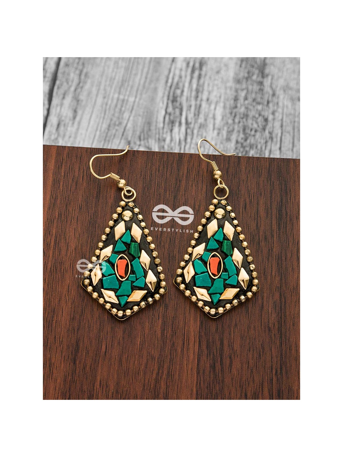 A Handcrafted Delight - Golden Turquoise Tribal Style Earrings