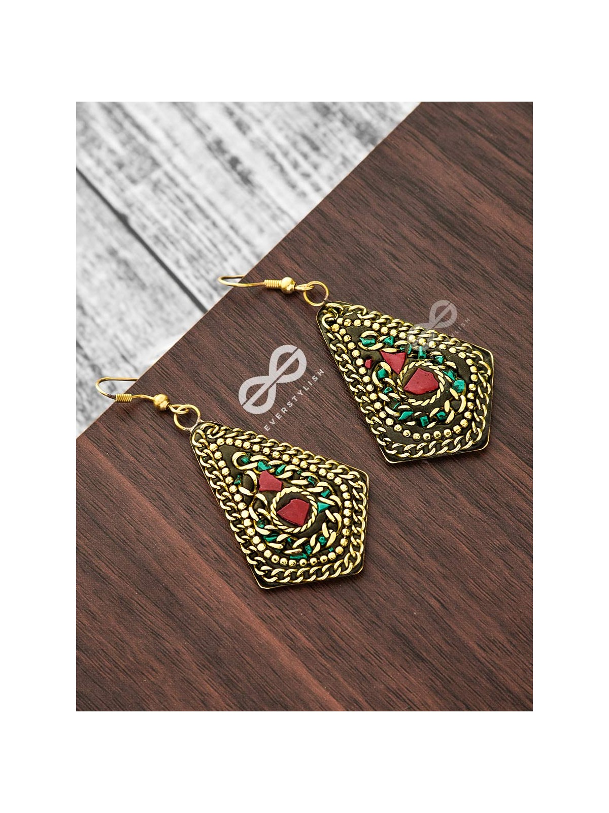 A Handcrafted Intricacy - Turquoise-Red Tribal Style Earrings