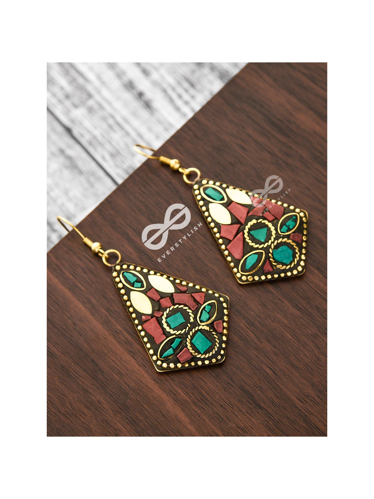 A Handcrafted Delight - Turquoise-Red Tribal Style Earrings
