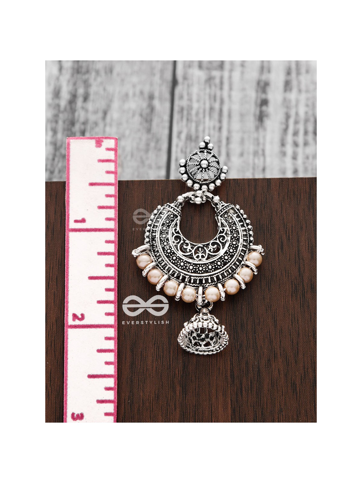 The Motif Moon Pearled Jhumis(Silver-Pearl) - Oxidised Boho Earrings