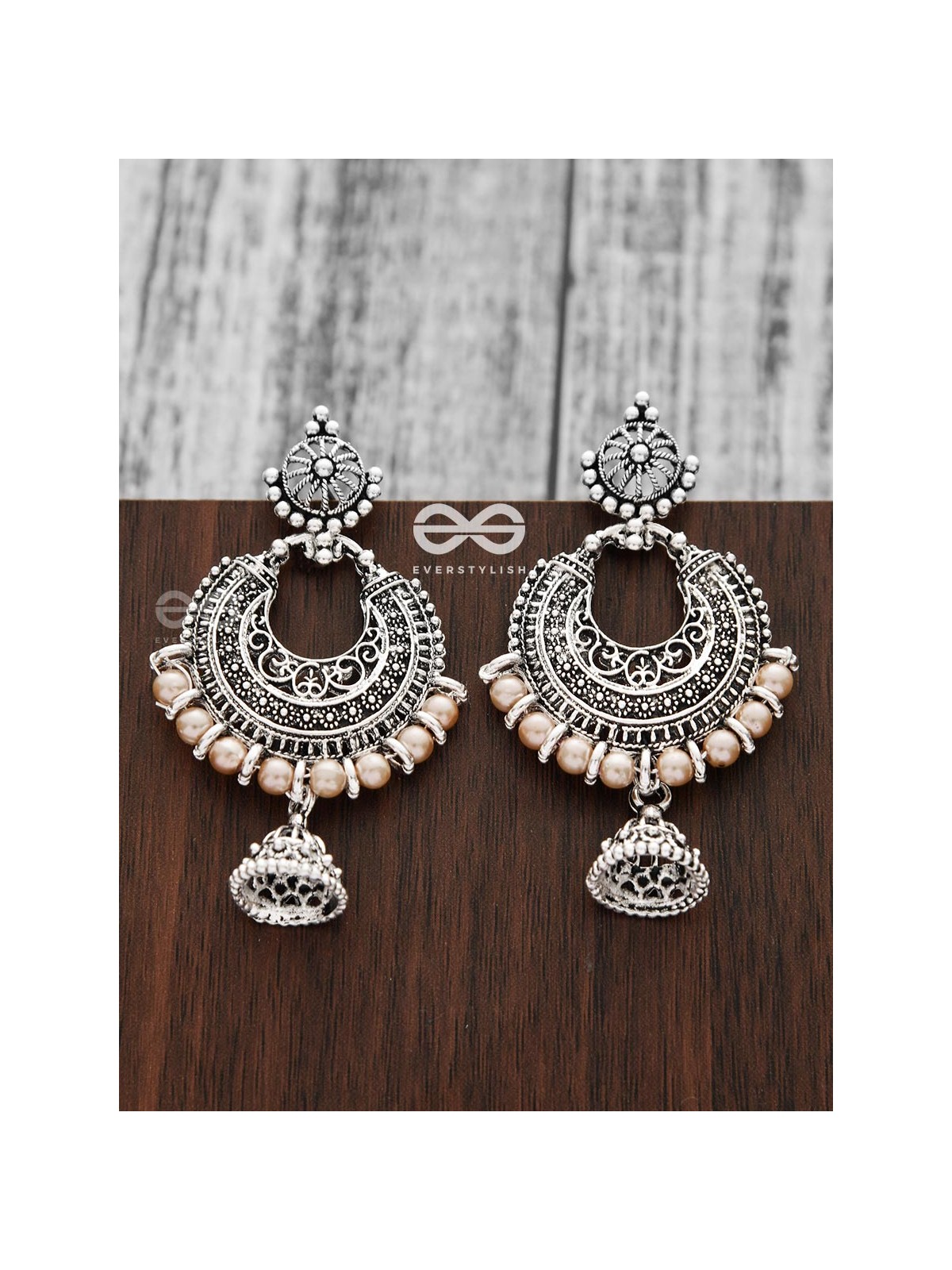 The Motif Moon Pearled Jhumis(Silver-Pearl) - Oxidised Boho Earrings