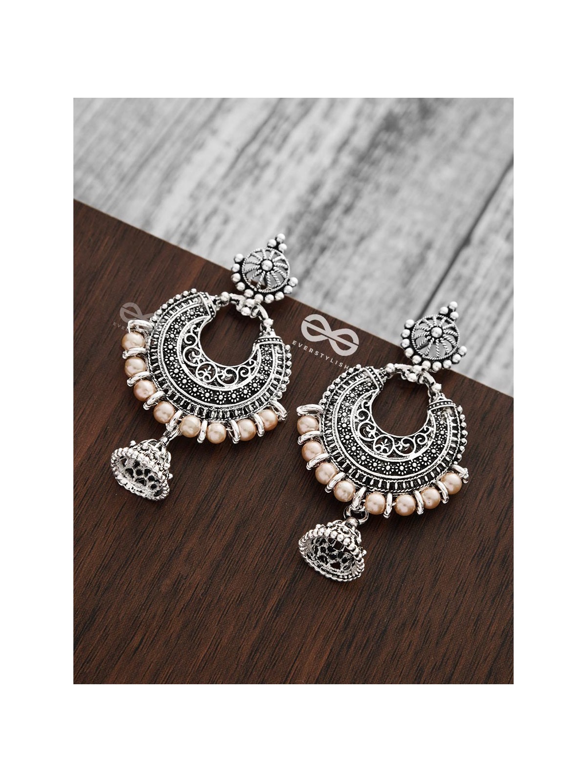 The Motif Moon Pearled Jhumis(Silver-Pearl) - Oxidised Boho Earrings