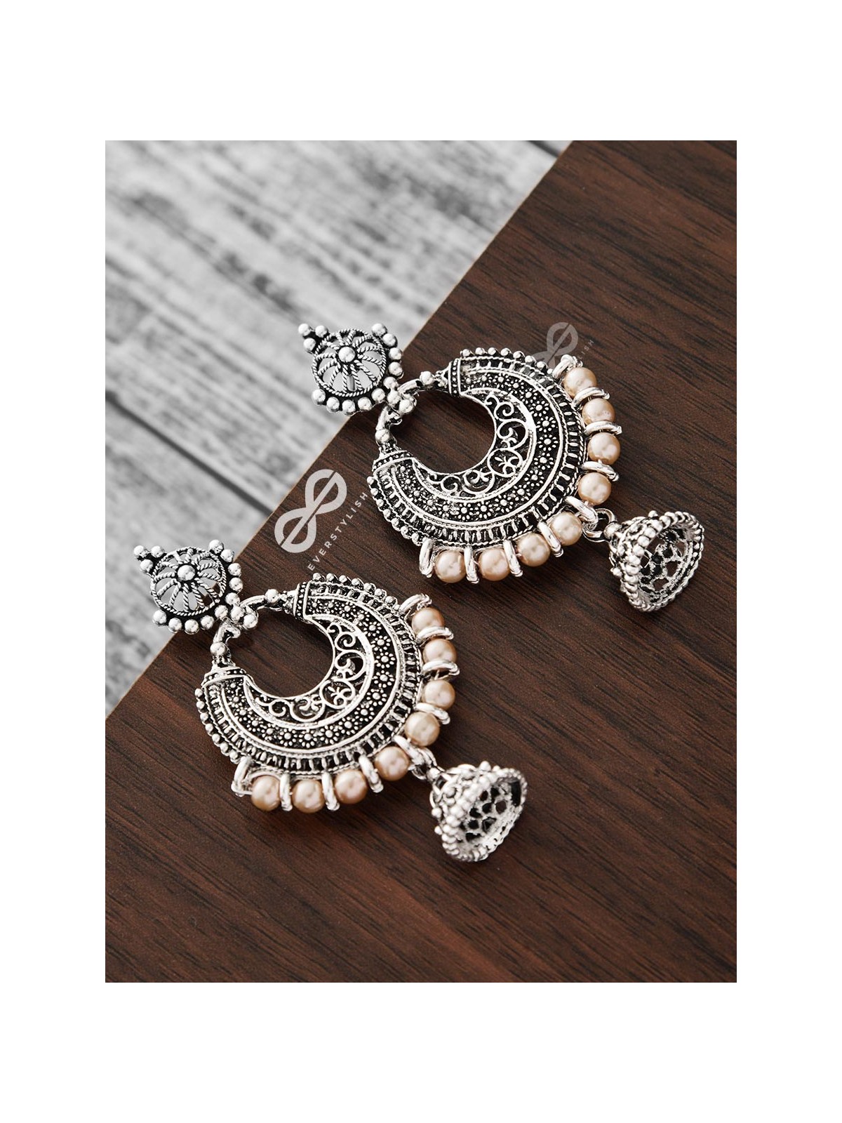 The Motif Moon Pearled Jhumis(Silver-Pearl) - Oxidised Boho Earrings