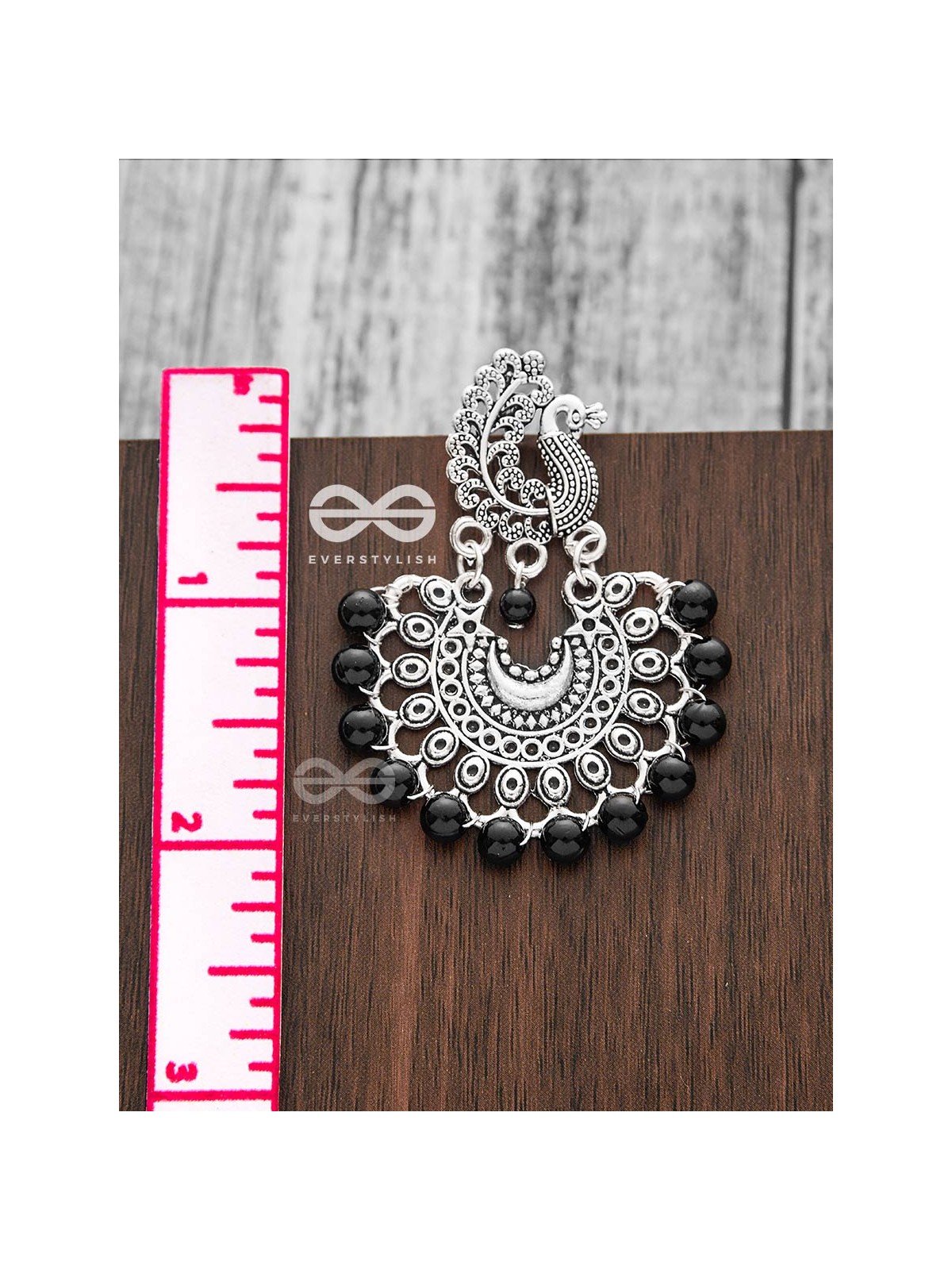 The Peacock Motif Moon Black Pearl Earrings - Silver